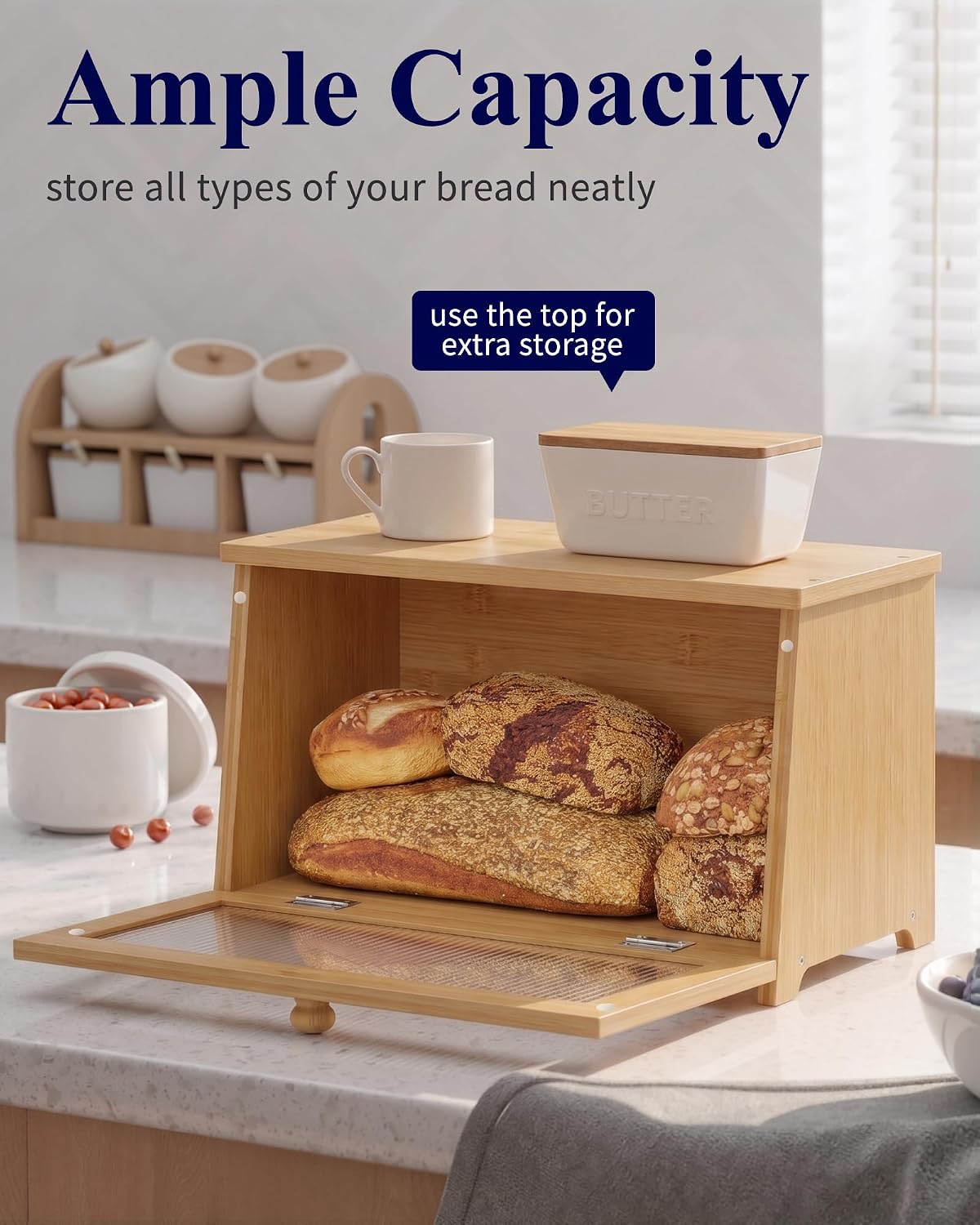 Kitsure Wooden Bread Box for Kitchen Countertop, 1-Tier, Bamboo | Large Capacity Kitchen Countertop Organizer, Stylish