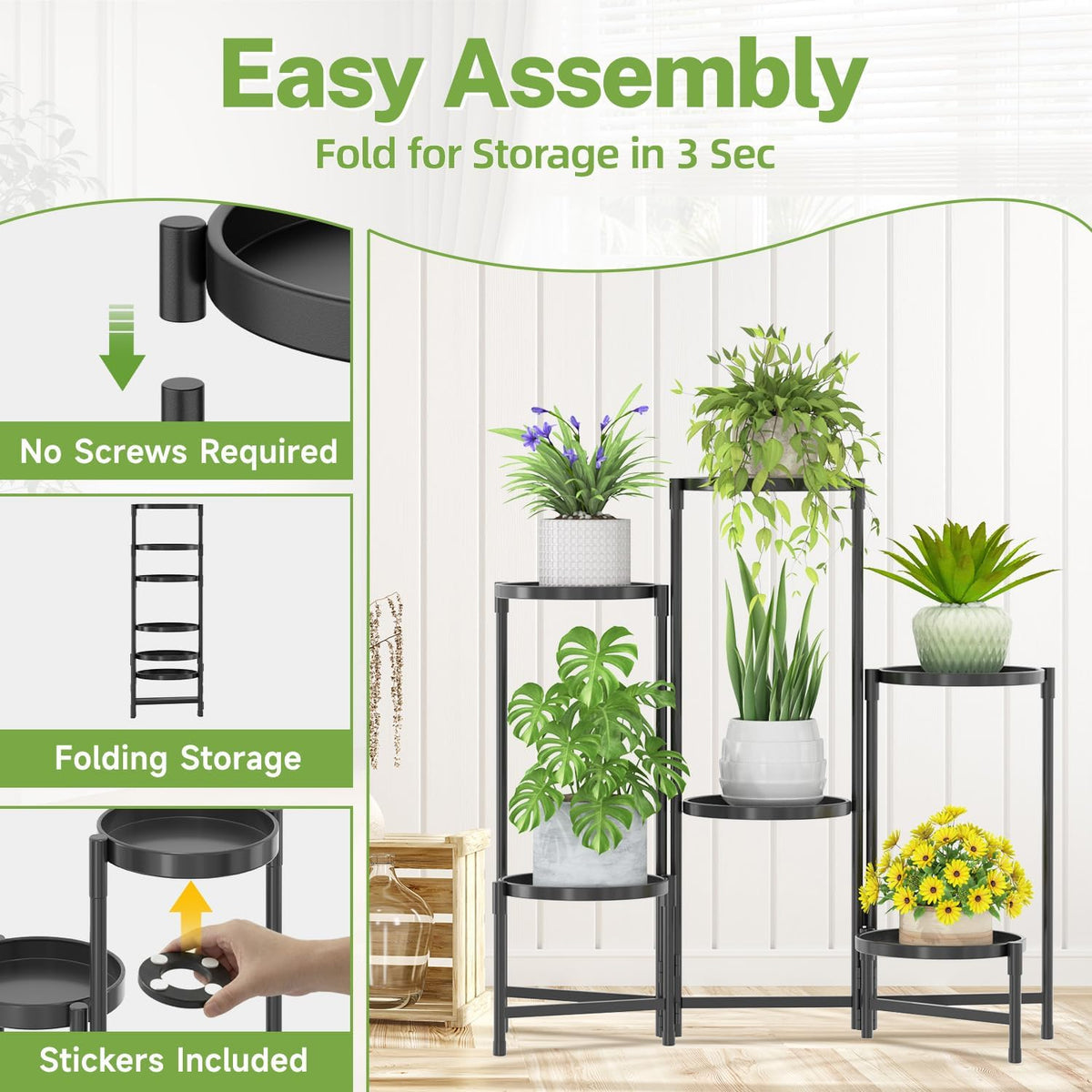 iDavosic.ly 6 Tier Large Plant Stand with Grow Light, 10 Inch Tray, Black | Tiered Metal Corner Heavy Duty Multiple