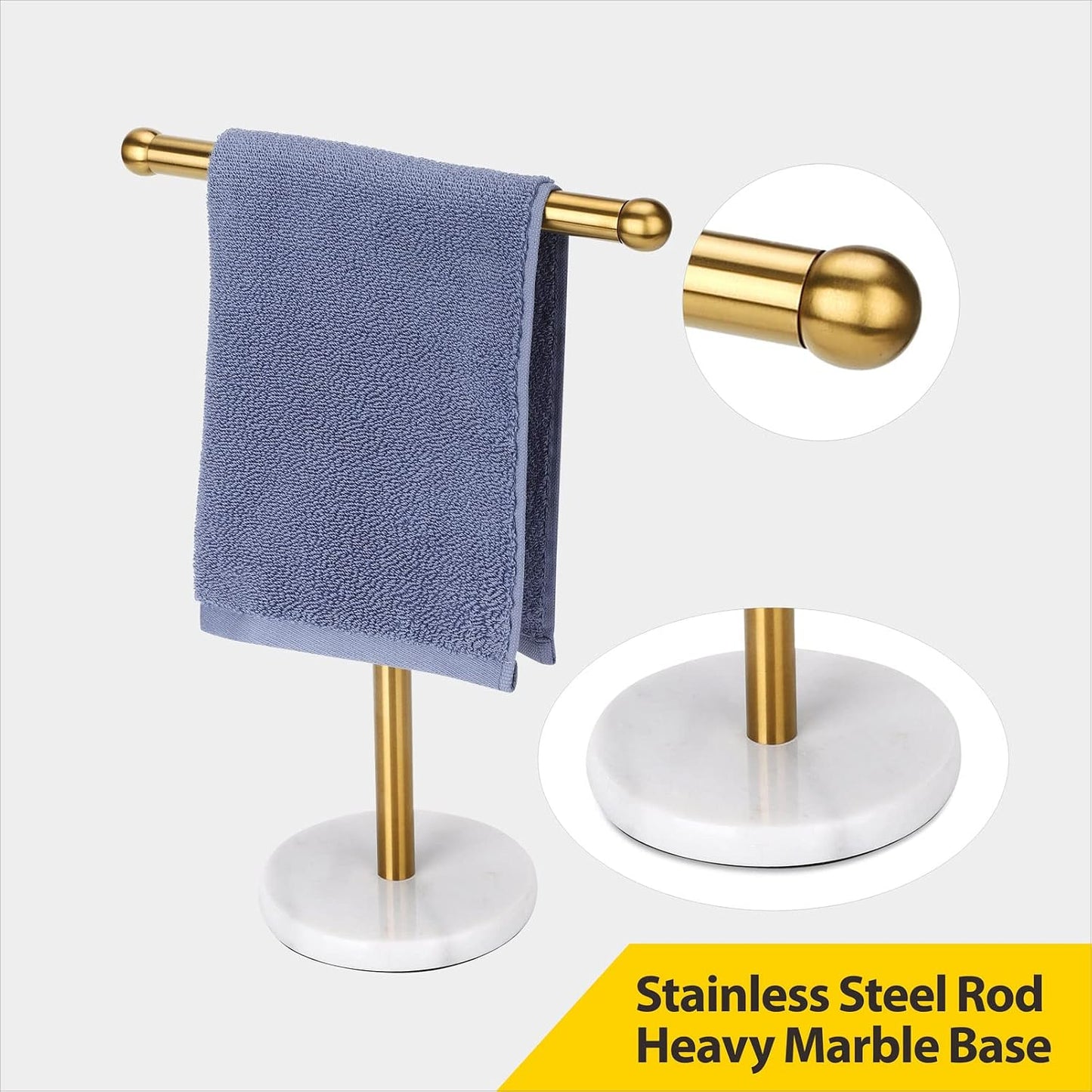 Gold Hand Towel Holder Stand with Heavy Marble Base, T-Shape Towel Rack, Free-Standing for Bathroom Vanity Countertop