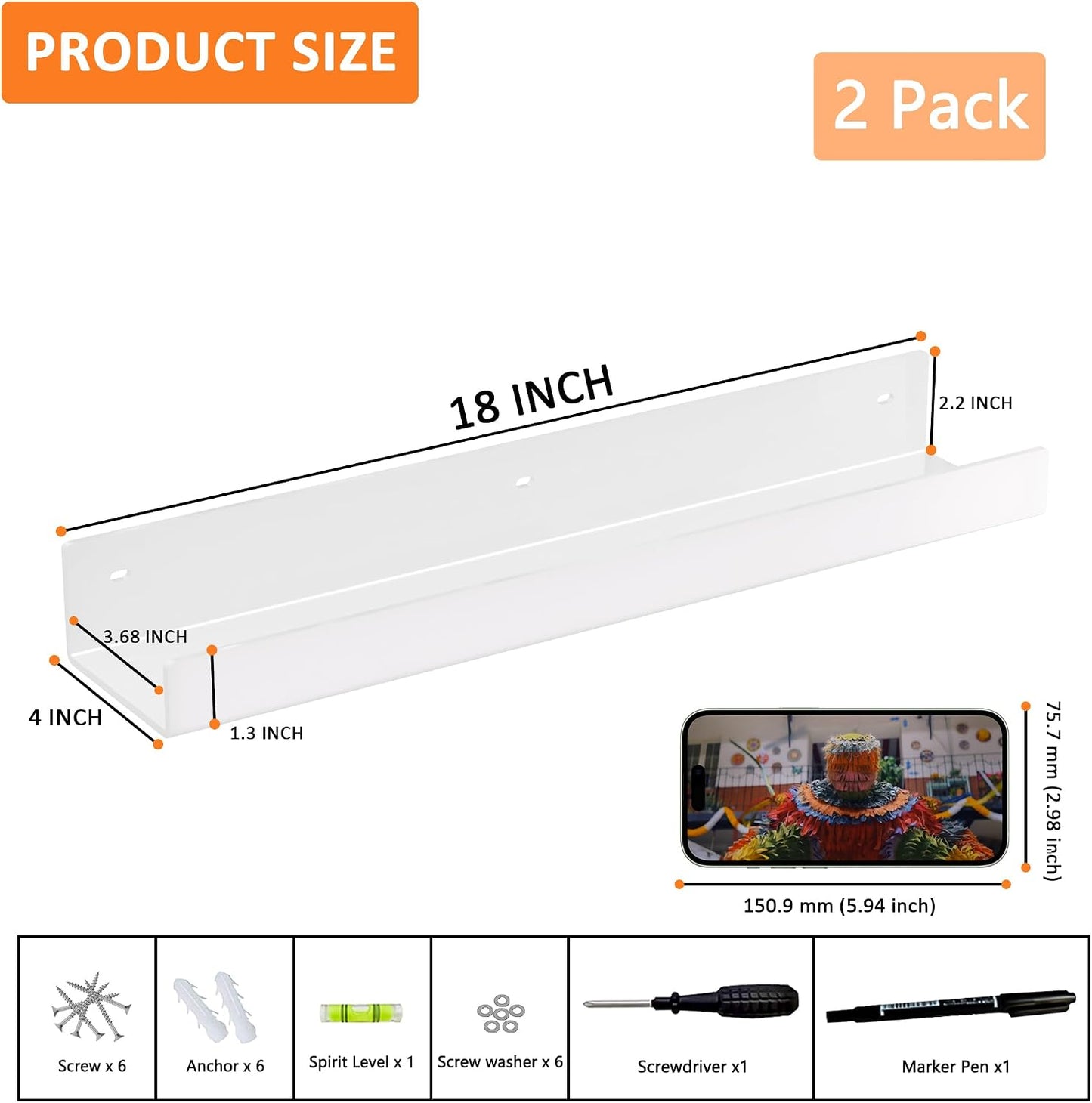 18 Inches White Acrylic Wall Display Shelf 2 Pack, Wall Shelves Organizer for Books, Bottles, Small Plants, Picture