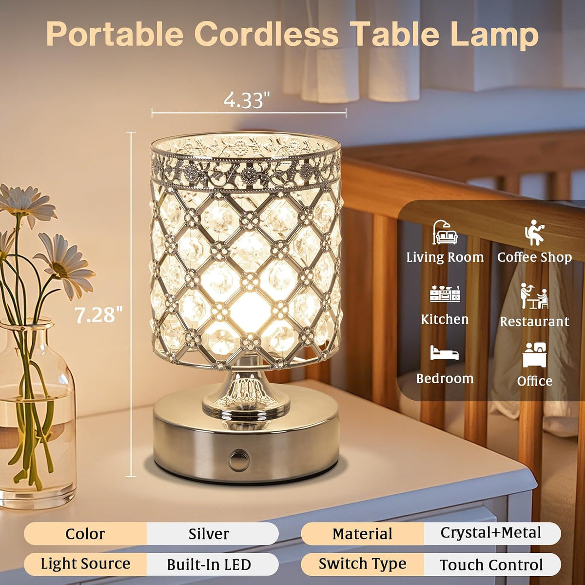 Silver Small Crystal Rechargeable Cordless Table Lamps Set of 2 | 6000mAh Battery, 3 Color Temps, Stepless Dimming
