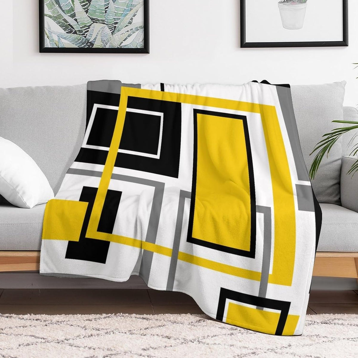 Yellow Geometric Throw Blanket Yellow Modern Black and Gray Blanket for Sofa Bed Couch Chair Or Dorm 70"x80"