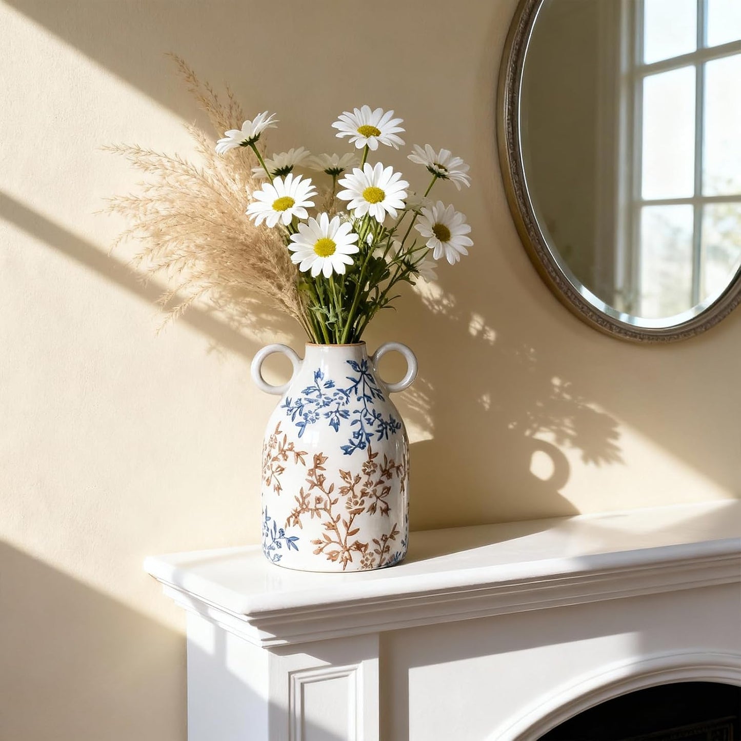 Ceramic Vase / Nordic Boho Small Vases Side Table Flower Centerpiece / Blue Floral