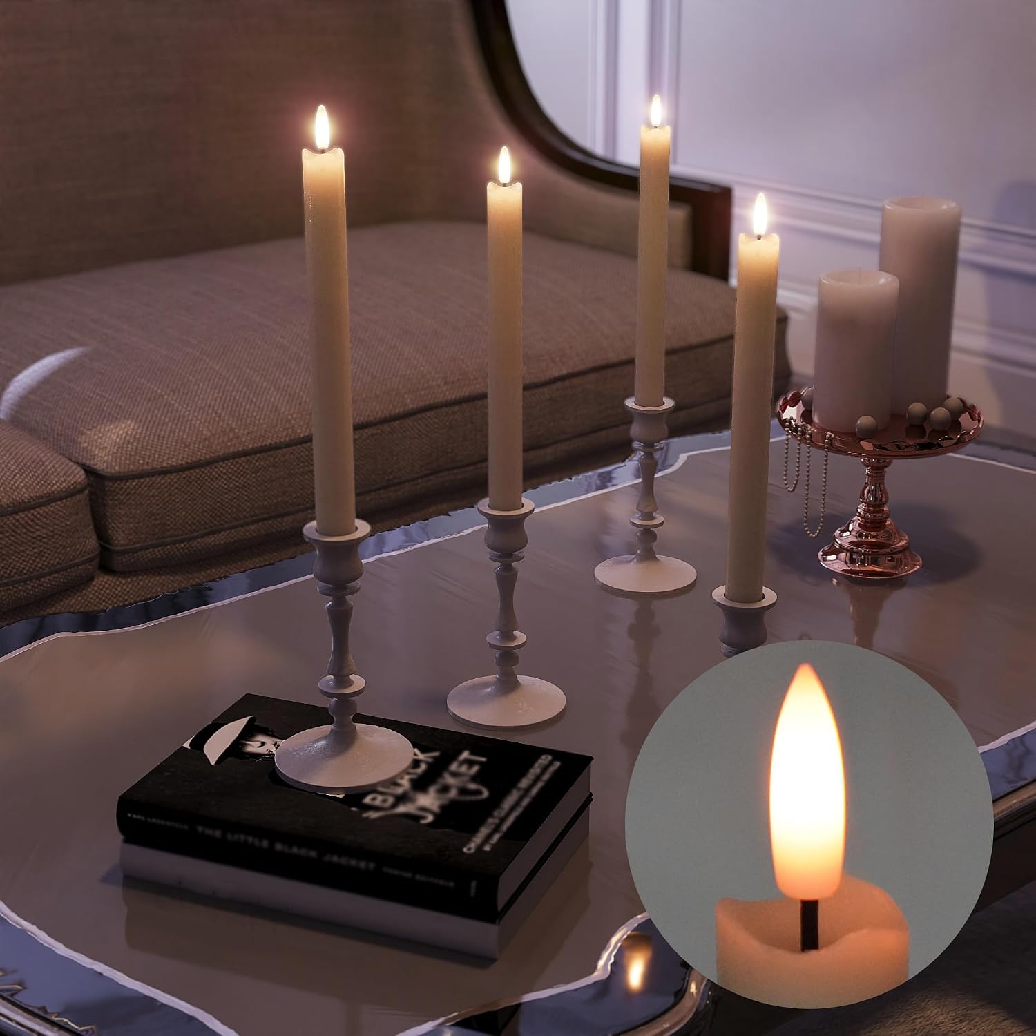 Rechargeable Flameless Taper Candles with Remote, Charging Base, 6 Pcs | 0.78x9.6" ivory wax LED tapers, 3D flicker