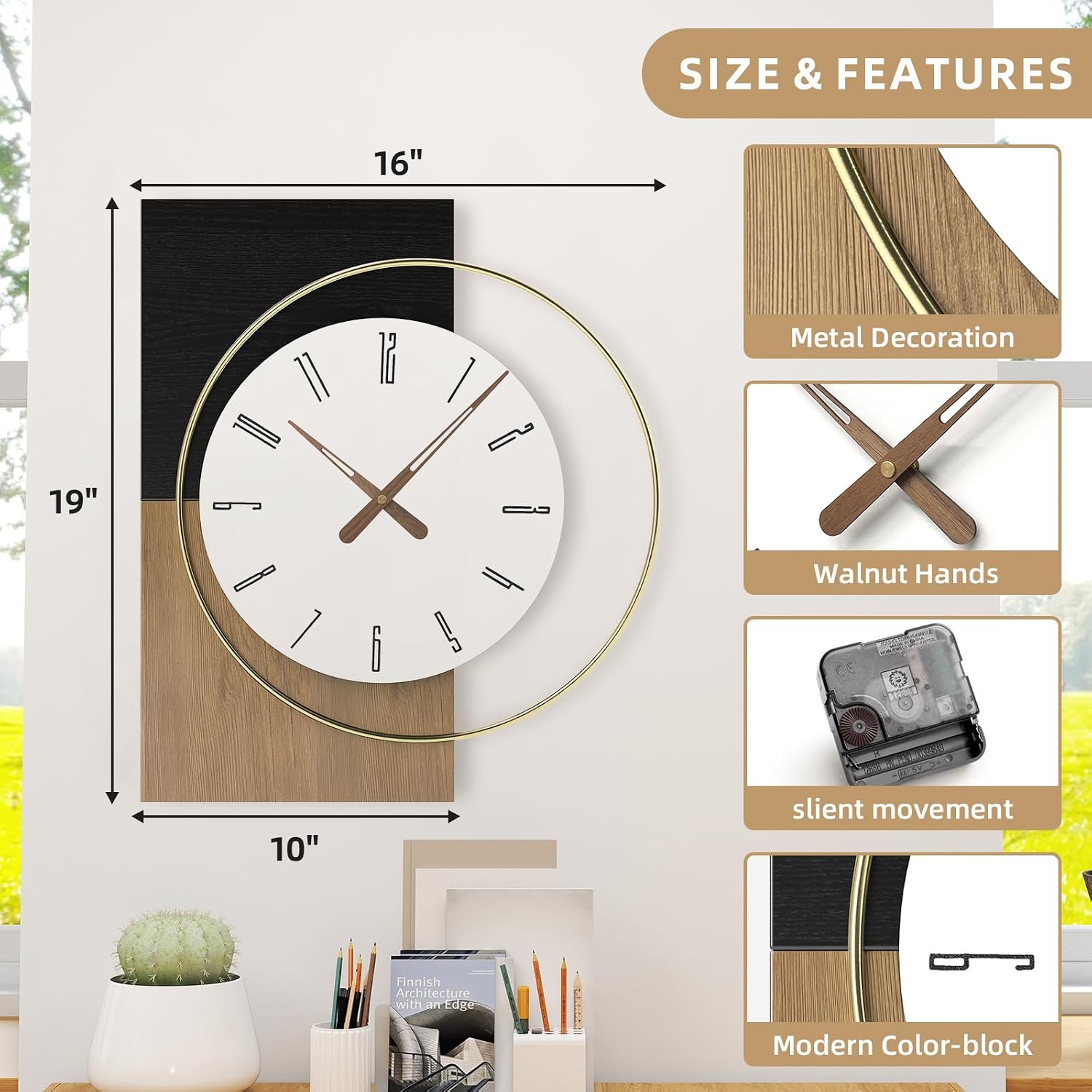 19x16 Inch Modern Silent Wall Clock Battery Operated | Non-Ticking Quiet Design Wooden Farmhouse Decorative Clocks for