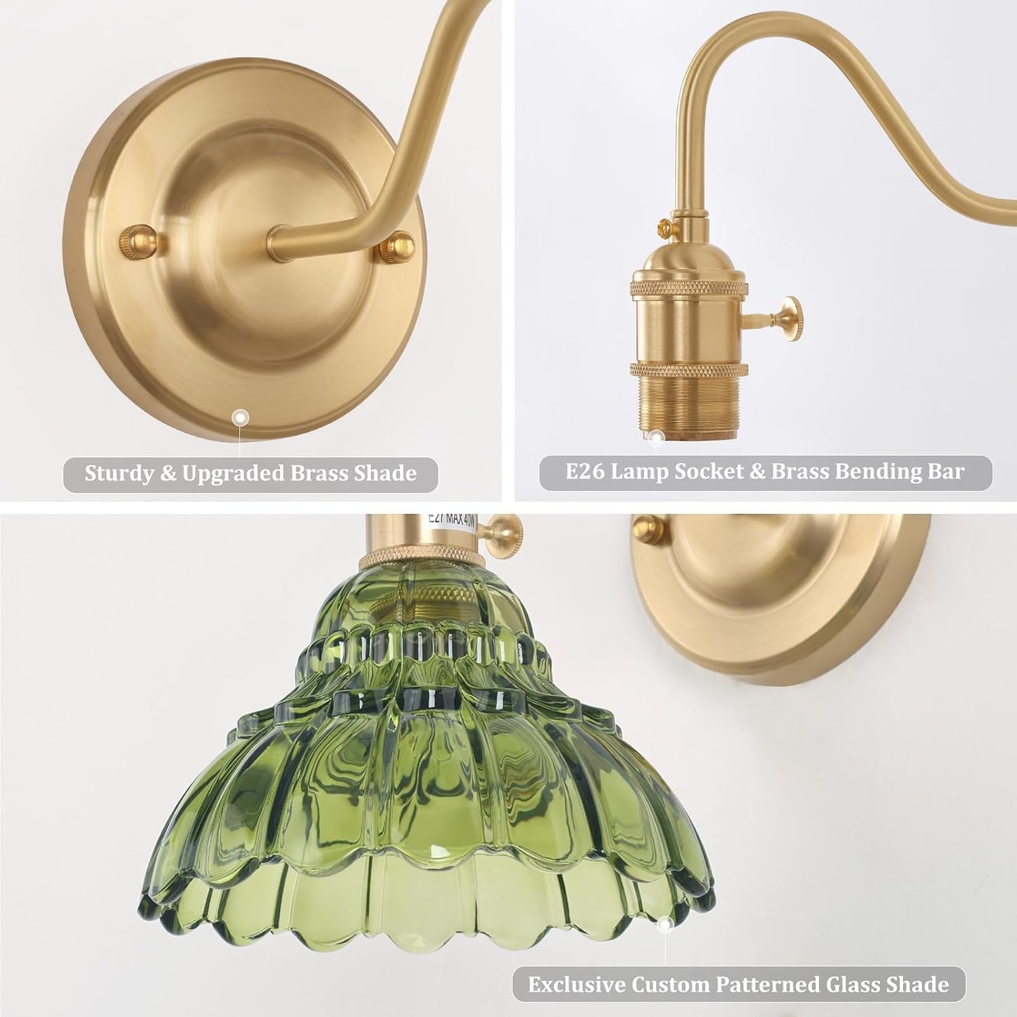 Shenmoyl Battery Operated Wall Sconce Set of 2, Vintage Rechargeable Wall Lights with Green Lily Glass Shade, Wireless