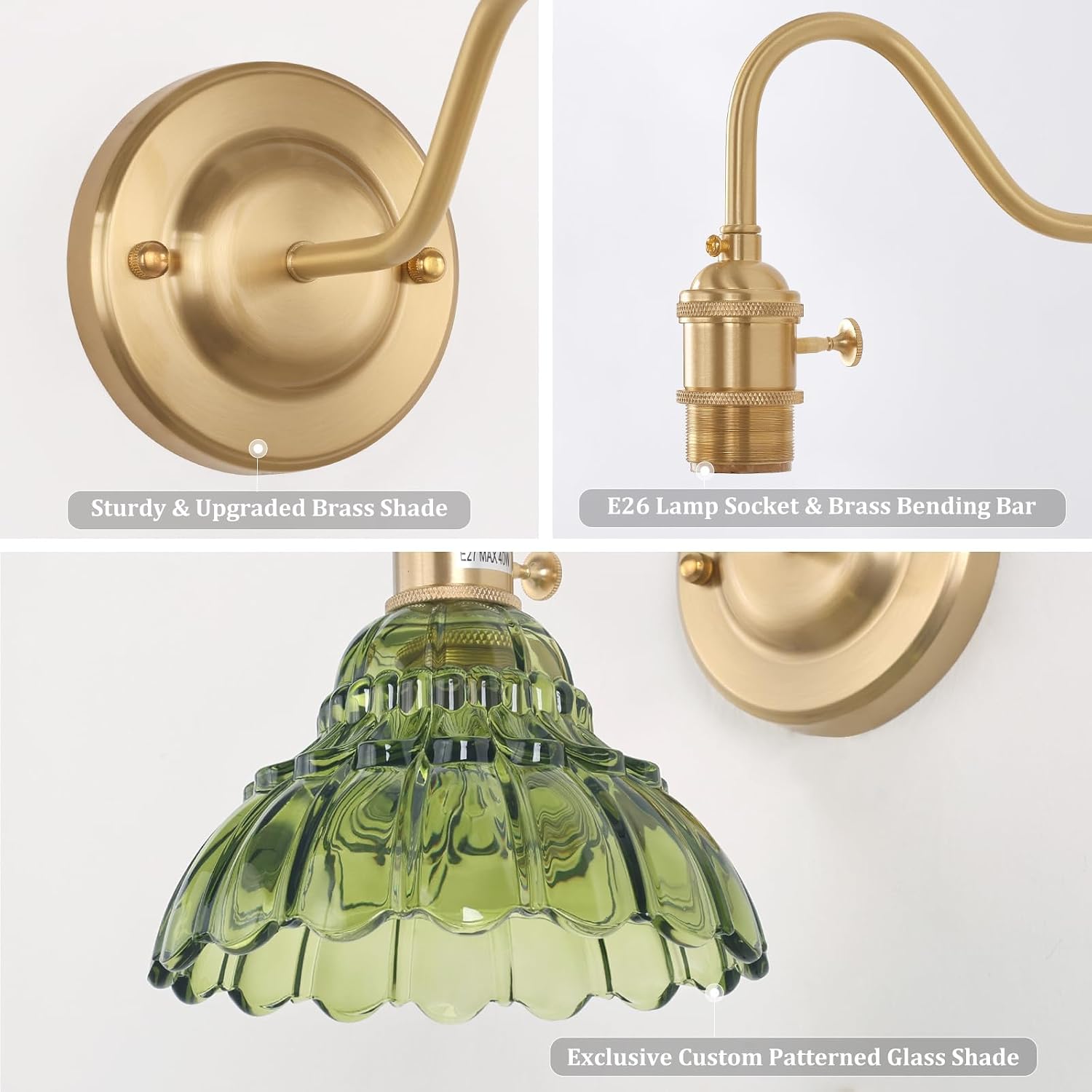 Shenmoyl Battery Operated Wall Sconce Set of 2, Vintage Rechargeable Wall Lights with Green Lily Glass Shade, Wireless