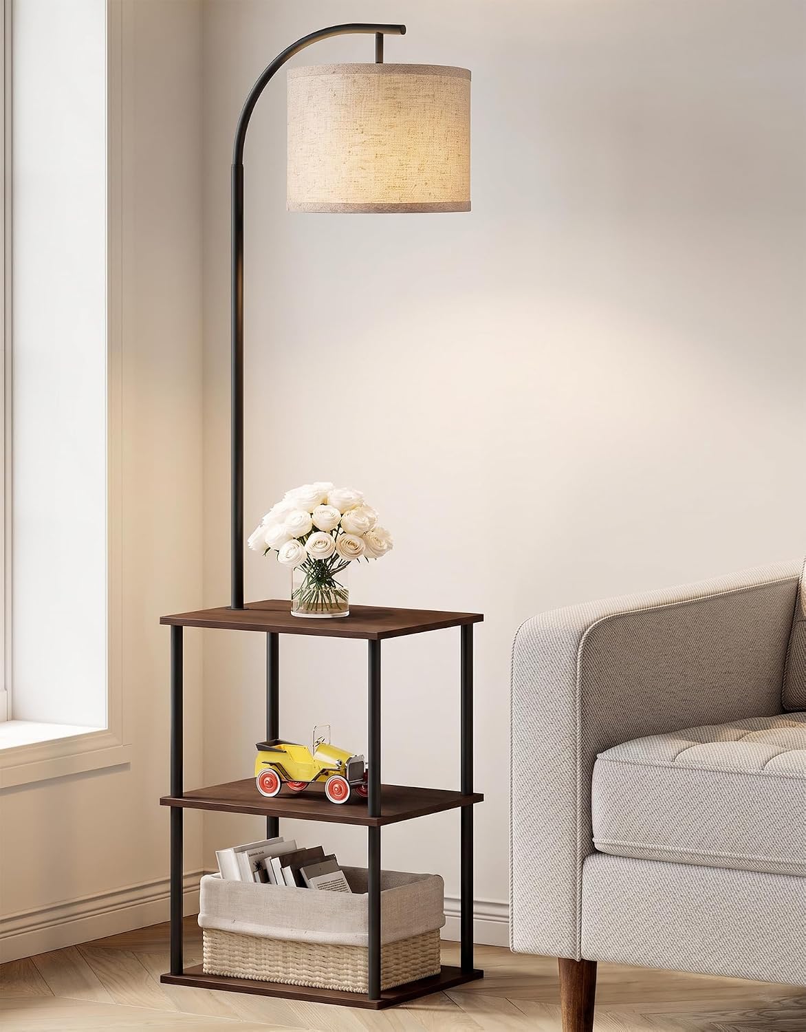 PARTPHONER Floor Lamp with Table, Night Stand with Lamp, Narrow Side Table with 3CCT LED Bulb, Small Coffee Table
