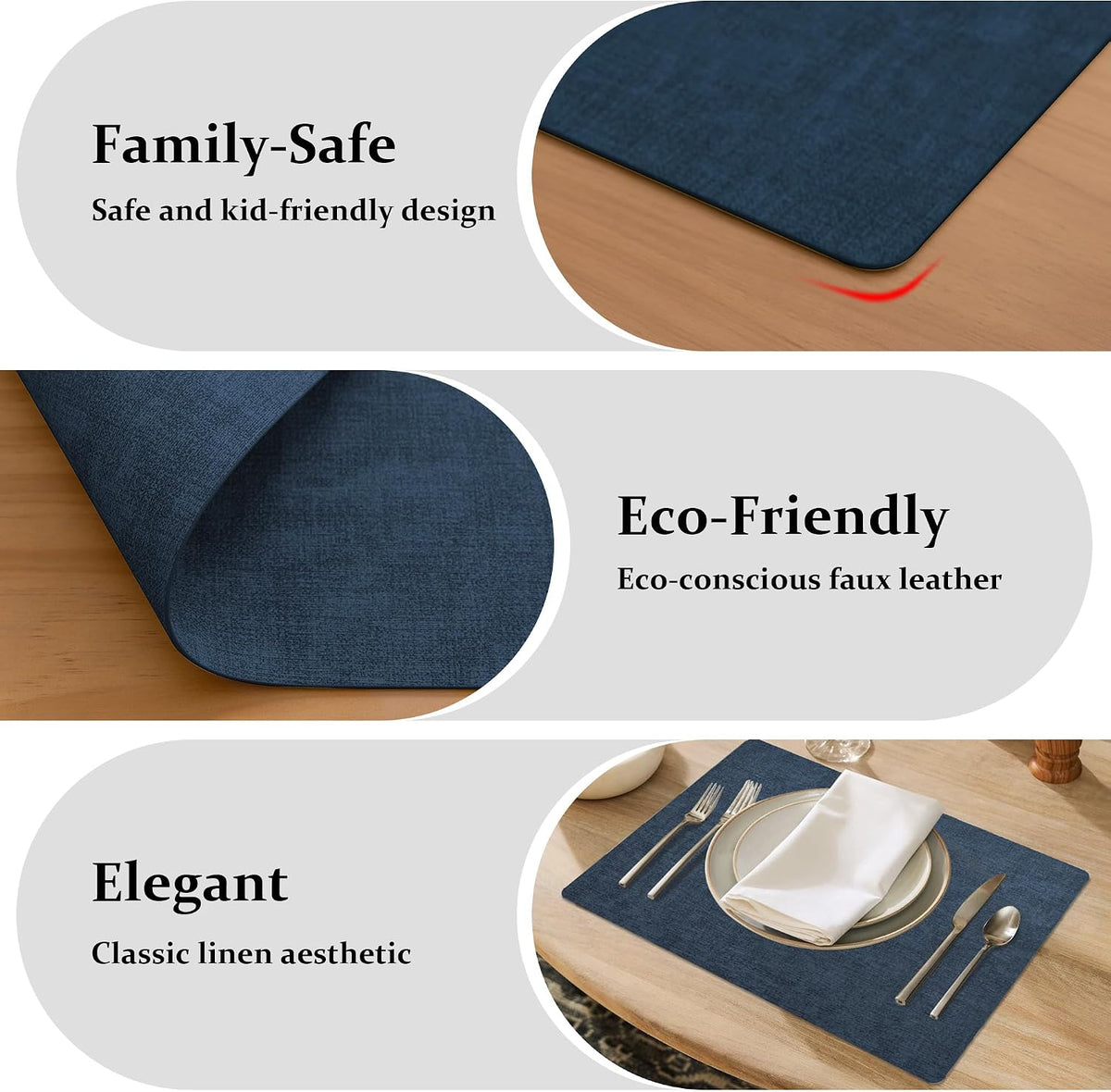 FROMHEART Faux Leather PU Placemats Set of 8 (Dark Blue,11.8" x 17") | Waterproof,Heat/Oil Stain-Resistant Table