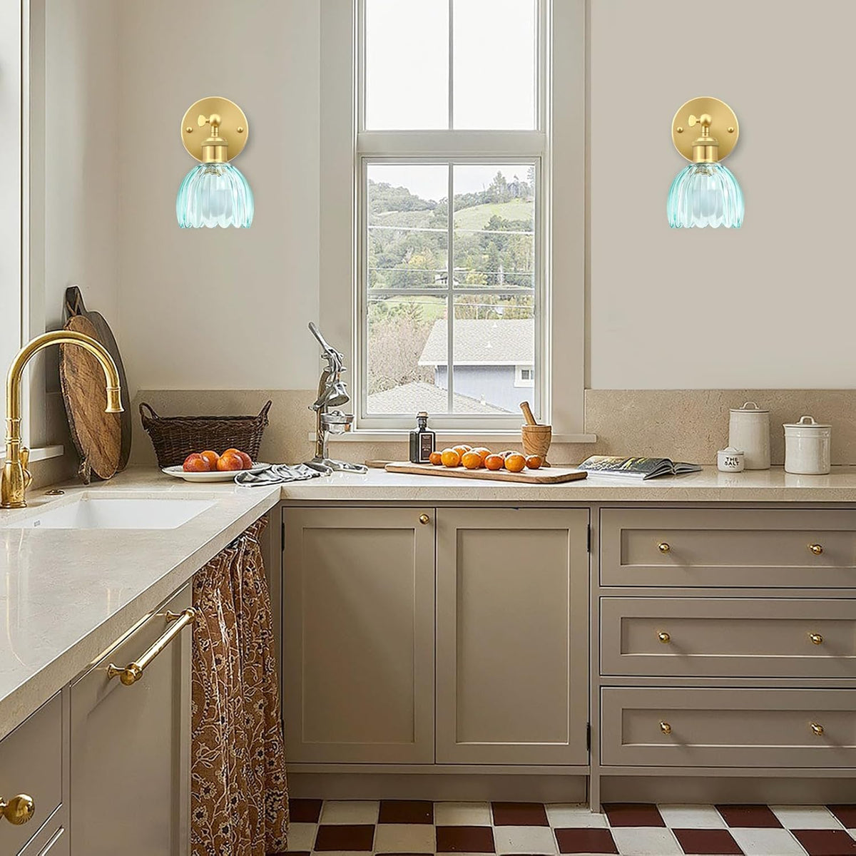Vintage Battery Operated Wall Sconce, Sky Blue Tulip Glass Lampshade Wireless Rechargeable Battery Powered LED Wall