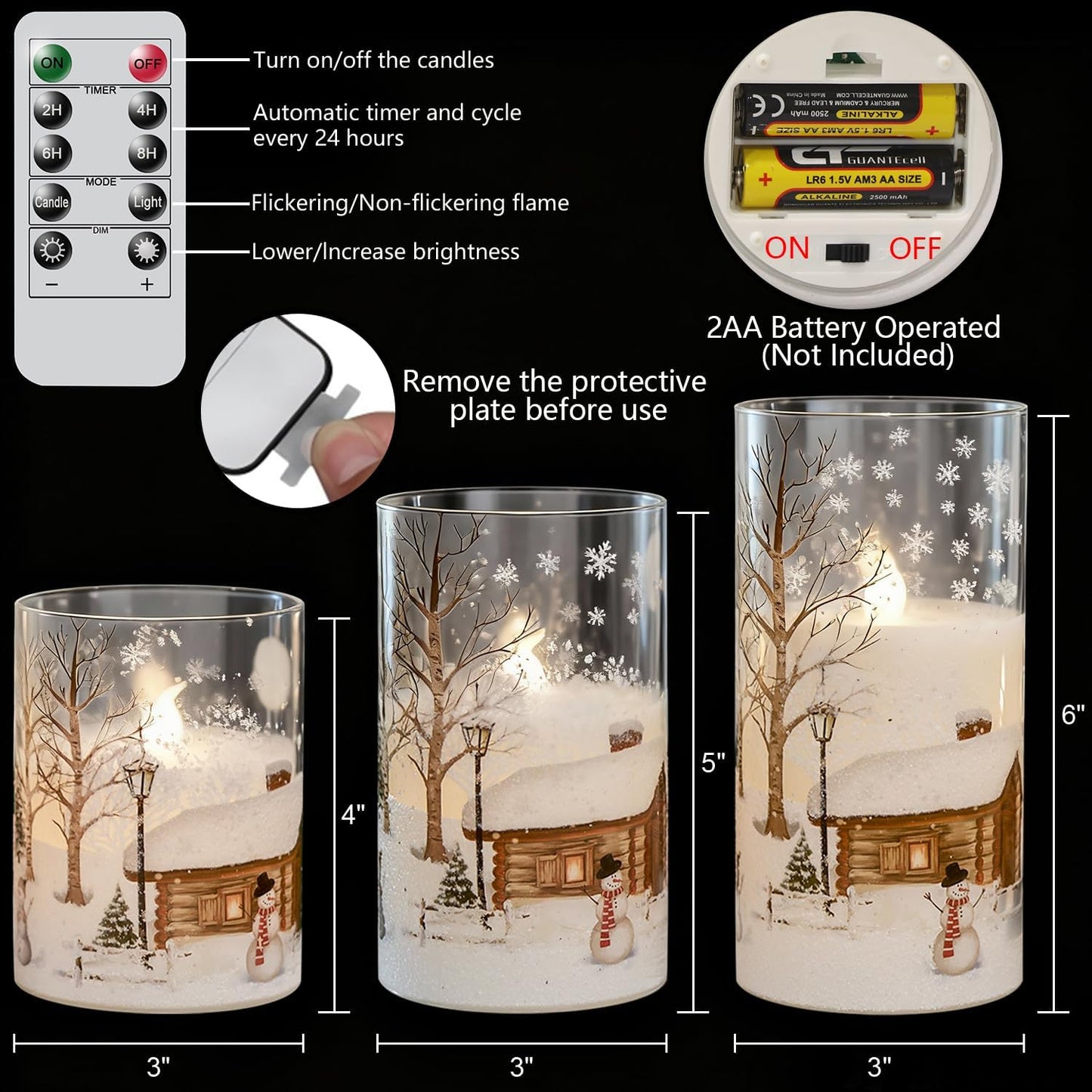 Snowman Glass Flameless Candles Battery Operated with Remote and Timer Real Wax LED Flickering Pillar Candles White