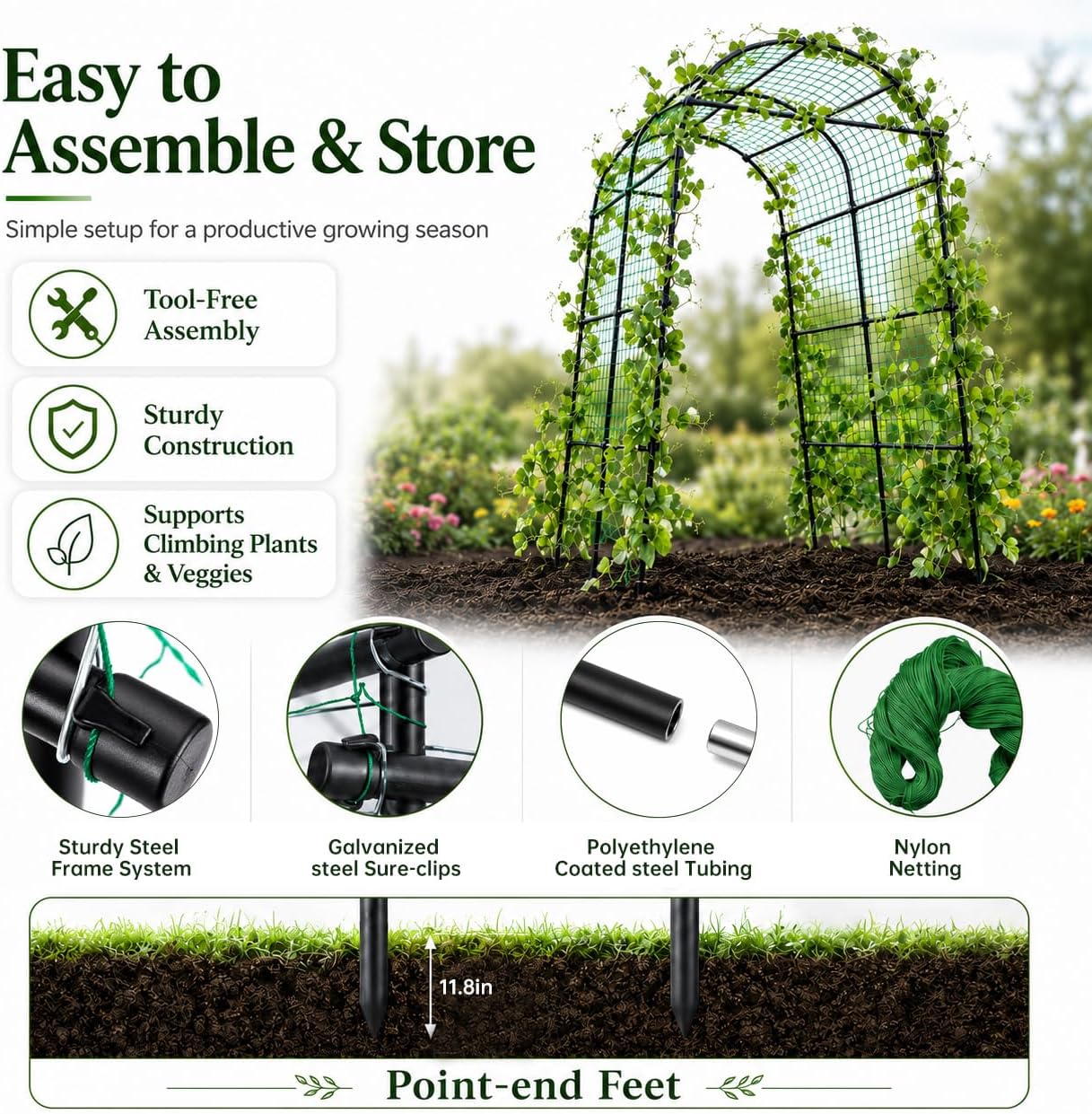 FOLLOOK Garden Arch Trellis for Climbing Plants Outdoor, 7.8 ft, Black | Cucumber Trellis for Raised Garden Bed