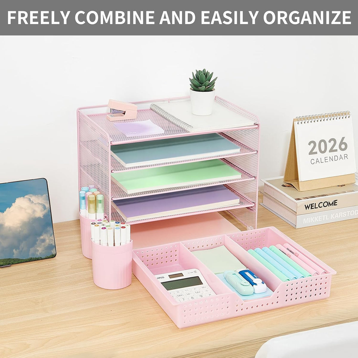 LEKETREE Desk Organizers and Accessories, 5-Tier Paper Letter Tray Organizer with Drawer & 2 Pen Holders, Desktop