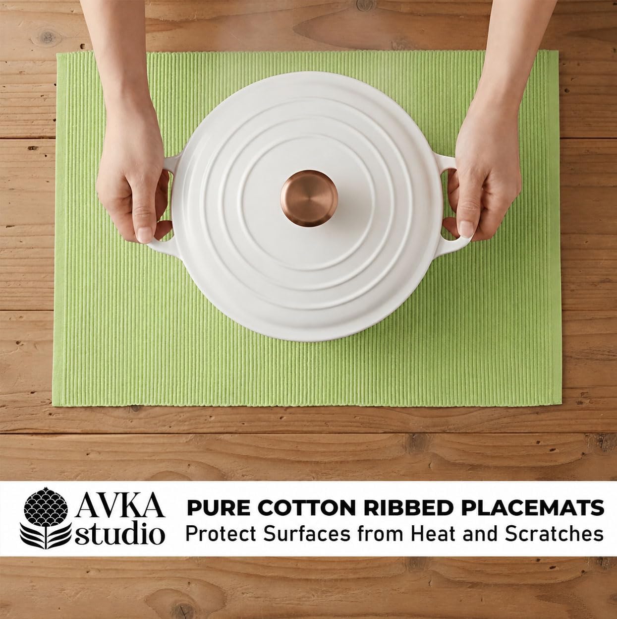 100% Cotton Ribbed Placemats - Set of 8-13 x 19 Inches - Light Lime Green - Everyday Cloth Table Mats - Thick