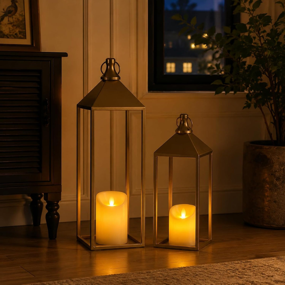 Set of 2 Decorative Lanterns with Candles, Gold Metal Lanterns Decor | 17" 13" Lanterns Decorative Indoor Outdoor for