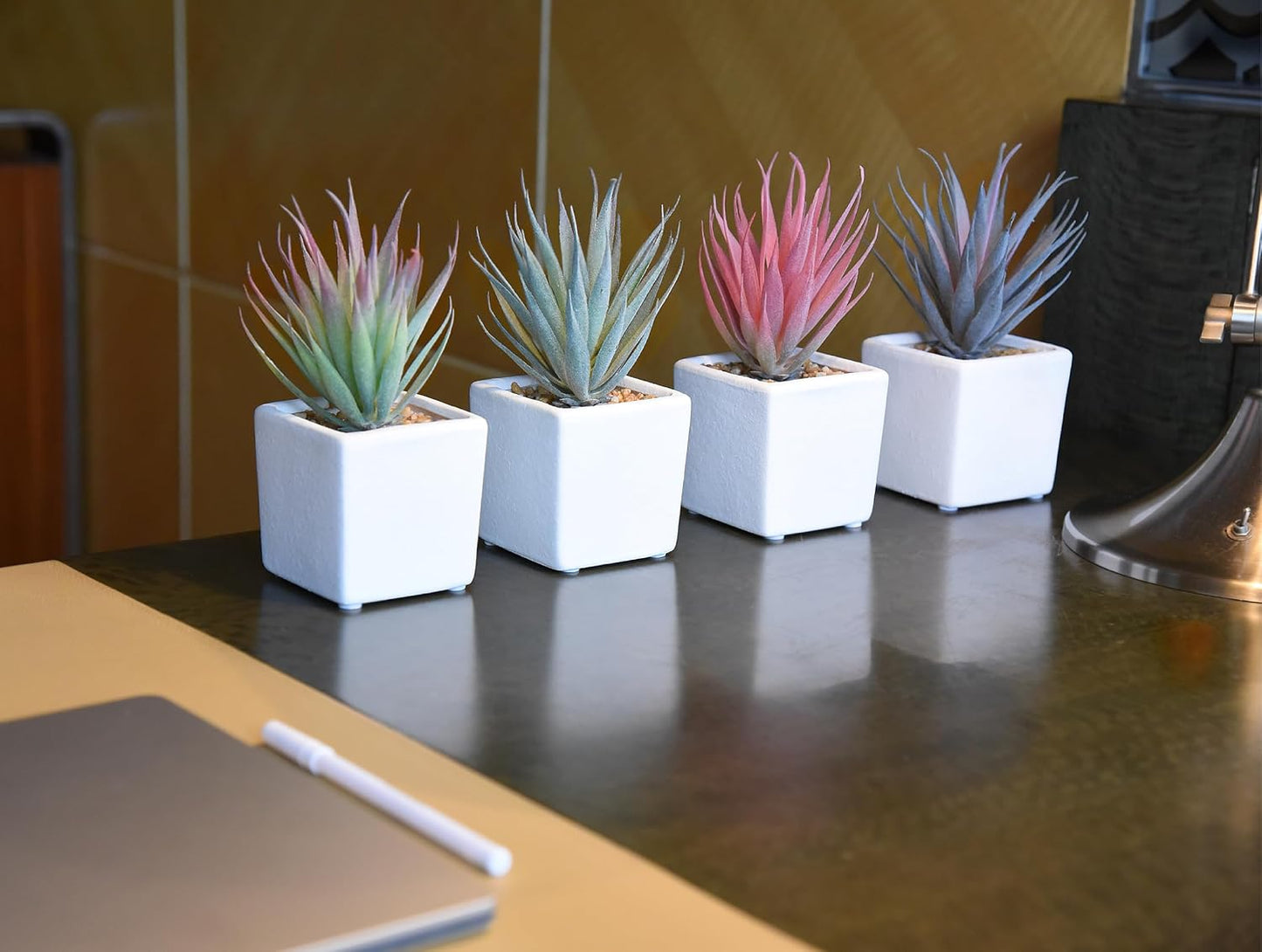 Faux Succulents 7" Tall in Ivory White Stucco Ceramic / White, Pink, Green. / Set of 4