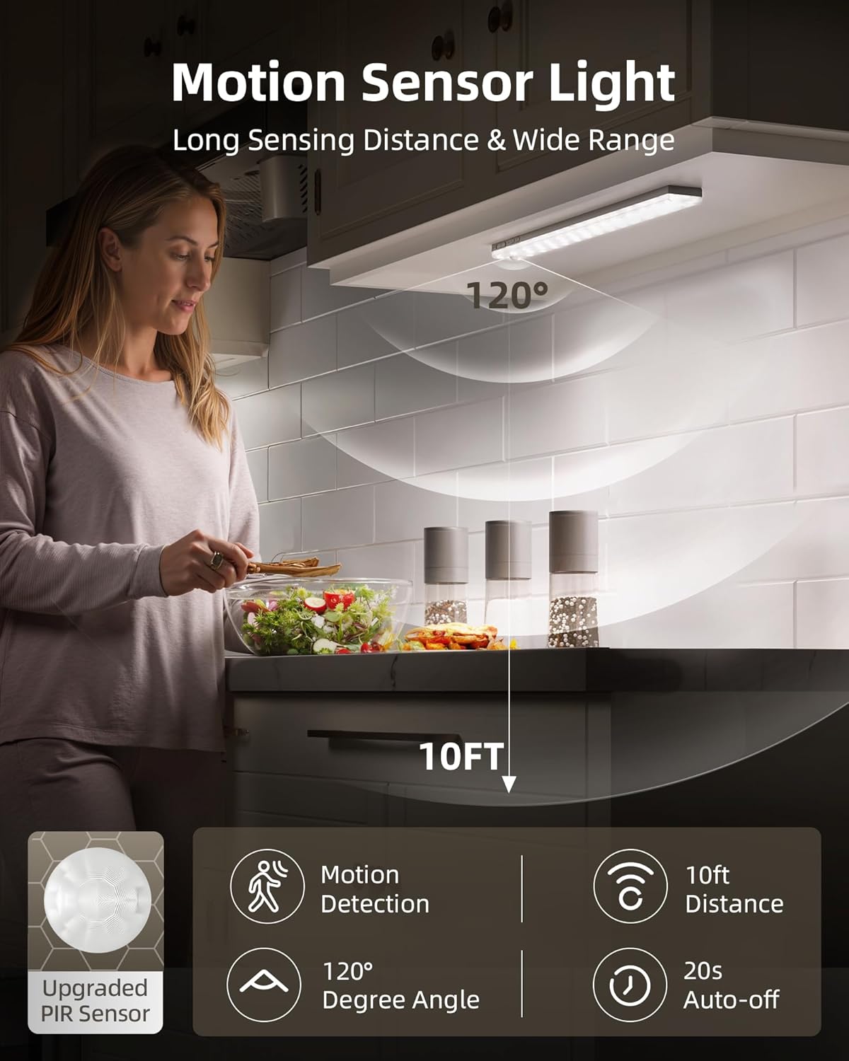 EZVALO 6-Pack Under Cabinet Lighting, 2000mAh Rechargeable Wireless Motion Sensor Lights, 62LEDs, 3 Color Temps