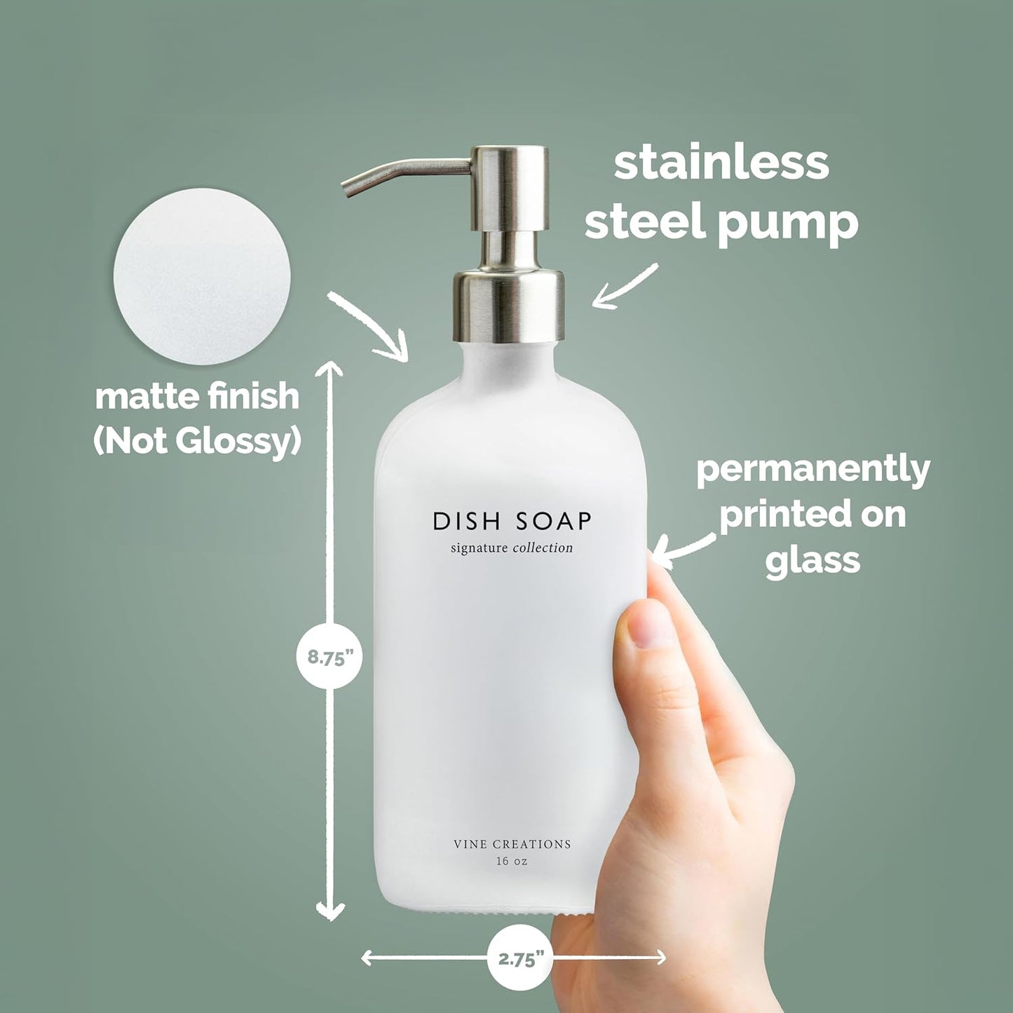 Vine Creations White Glass Soap Dispenser Set, Dish Soap and Hand Soap Dispenser Set with Stainless Steel Pump, 16 oz