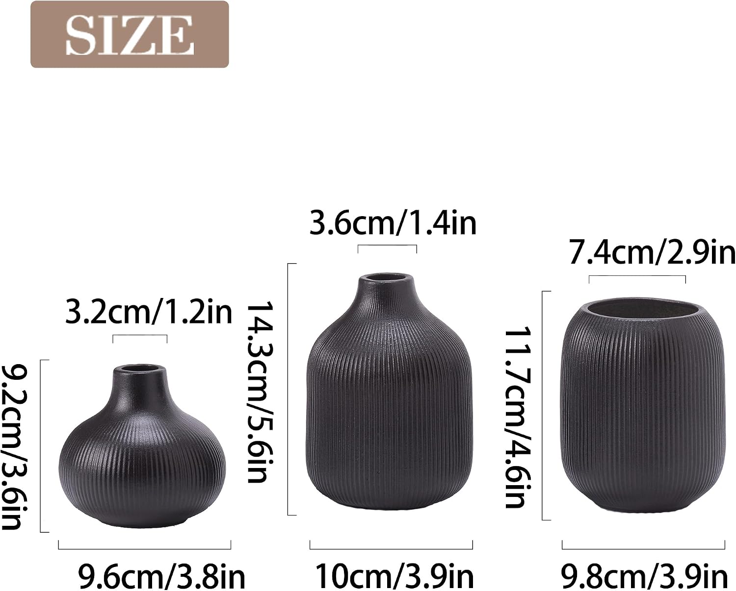 Black Ceramic Vase Set 3 Modern Style Decor Farmhouse Home Living Room Dining Table Room / 15 Black