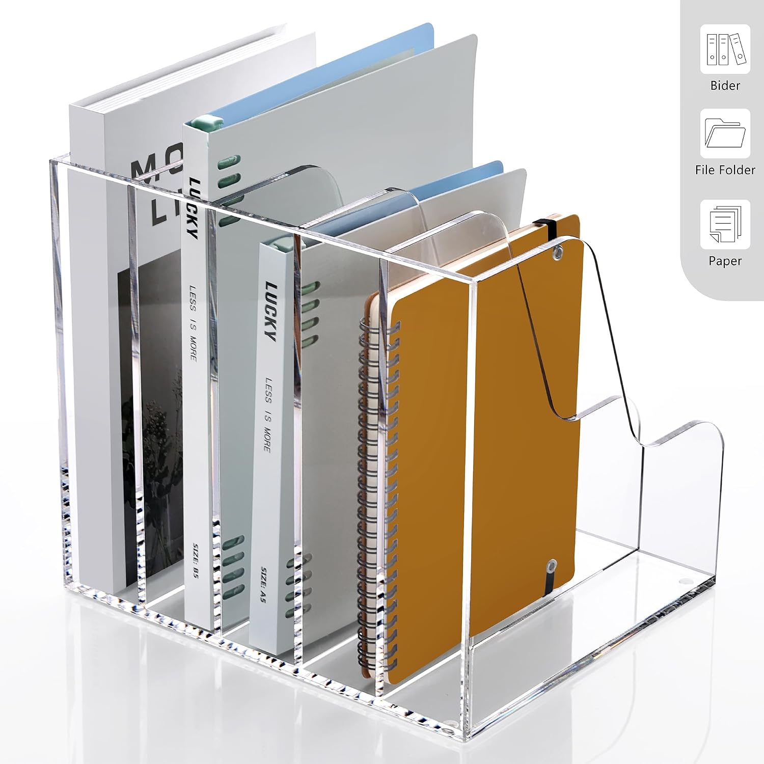 SANRUI Acrylic Desk Organizers, Clear Magazine File Holder, 5 Vertical Compartments A4 Folder Binder Holders Sorter