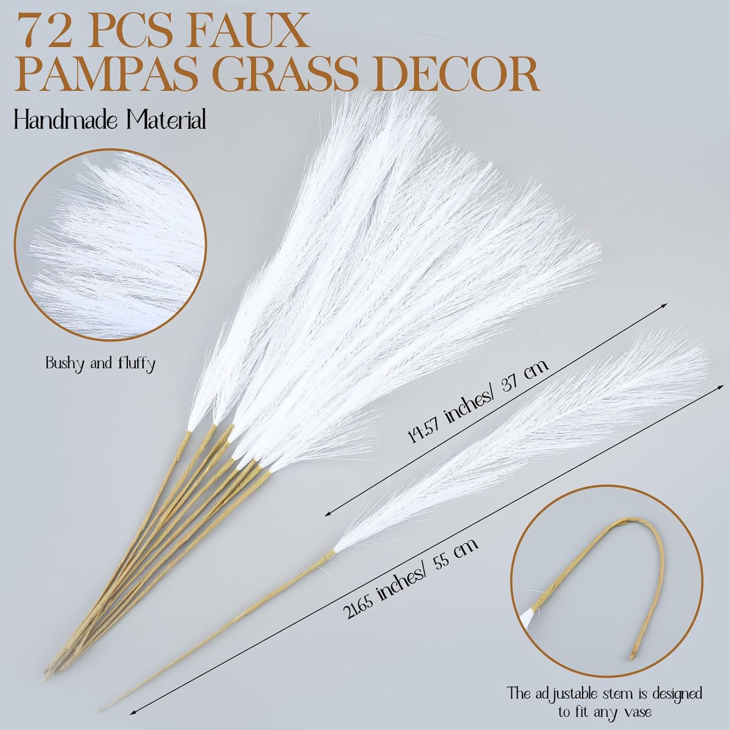 Pampas Grass Faux Tall Pampas Grass Decor Bulk Artificial Dried / White / 21.7 Inch / Set of 72