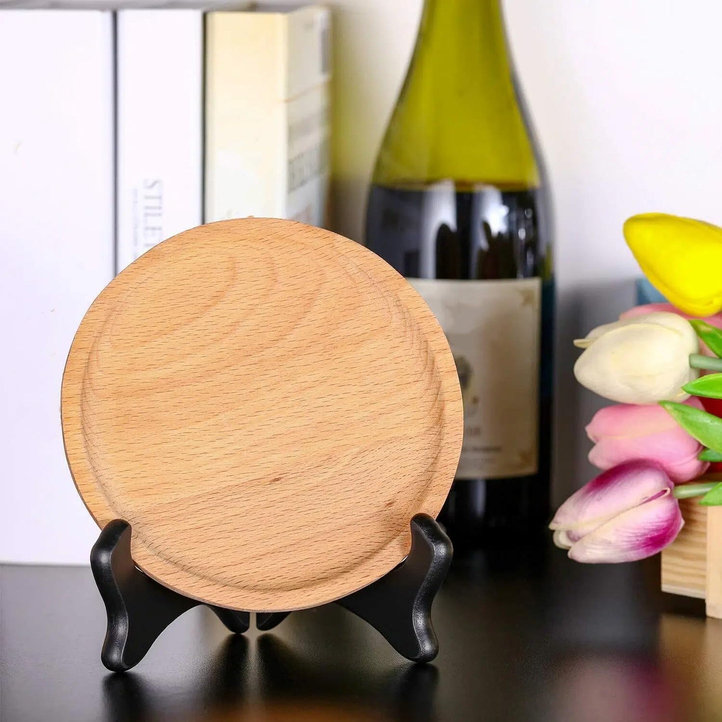 Tatuo 4 Packs Wooden Display Stand Plate Holder Easels, black, 6 Inch | Decorative Plate Stands, Sturdy Wooden, Display