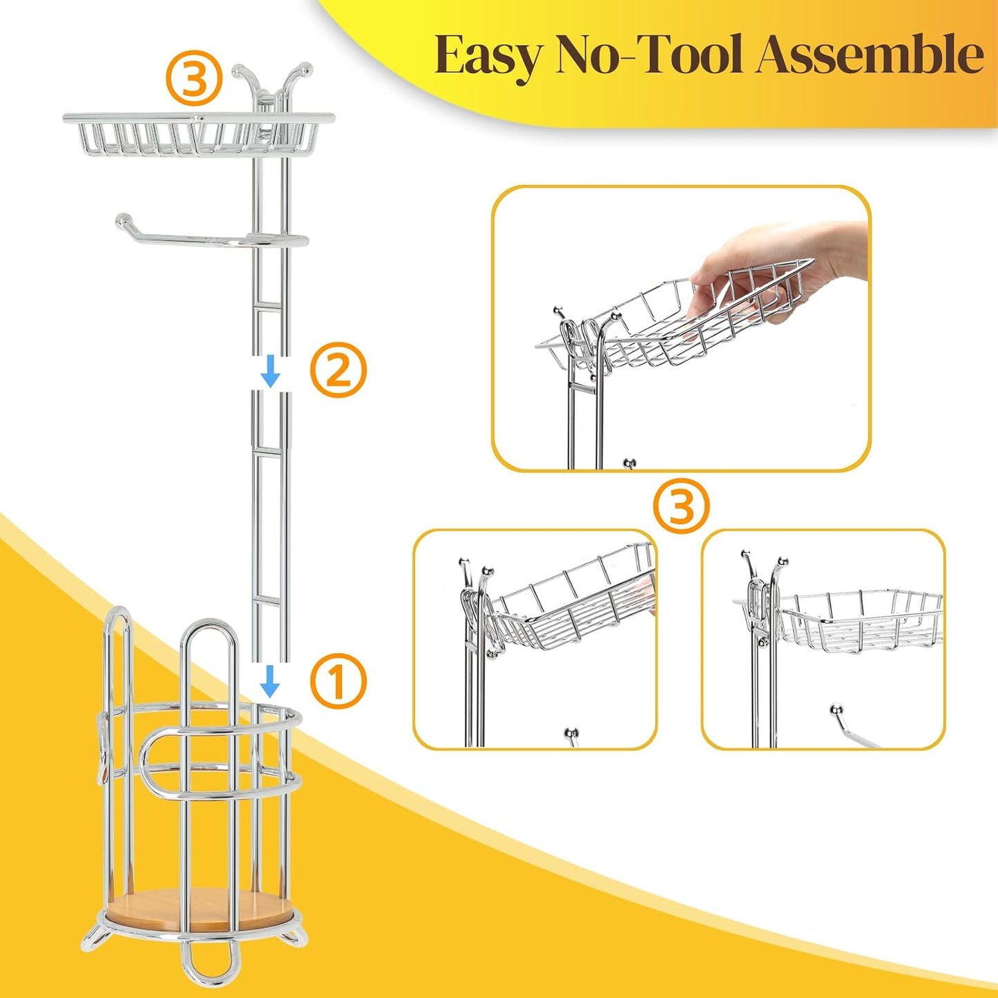Toilet Paper Holder Stand, Free Standing Tissue Roll Storage Rack with Shelf for Bathroom, Chrome