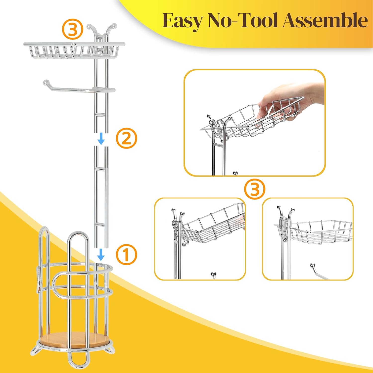 Toilet Paper Holder Stand, Free Standing Tissue Roll Storage Rack with Shelf for Bathroom, Chrome