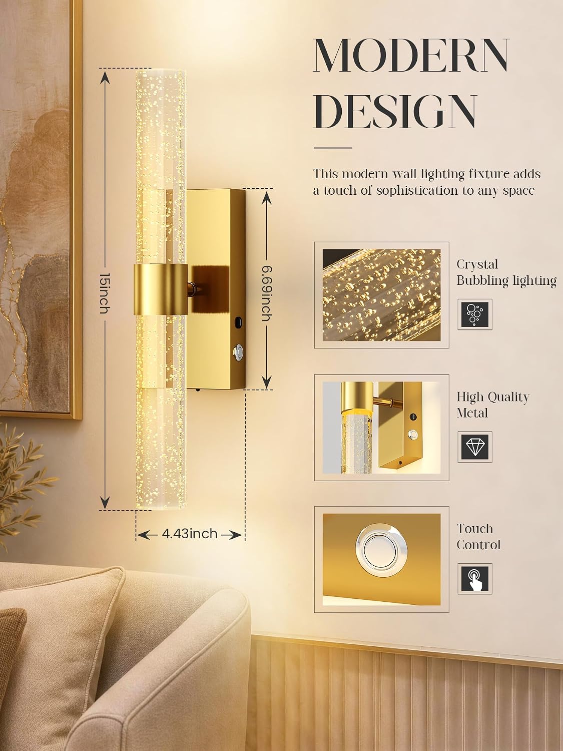10000mAh Battery Operated Wall Sconces Set of 2, Gold, 15.3 Inch | 3CCT, Renter Friendly, Rechargeable Wall lights
