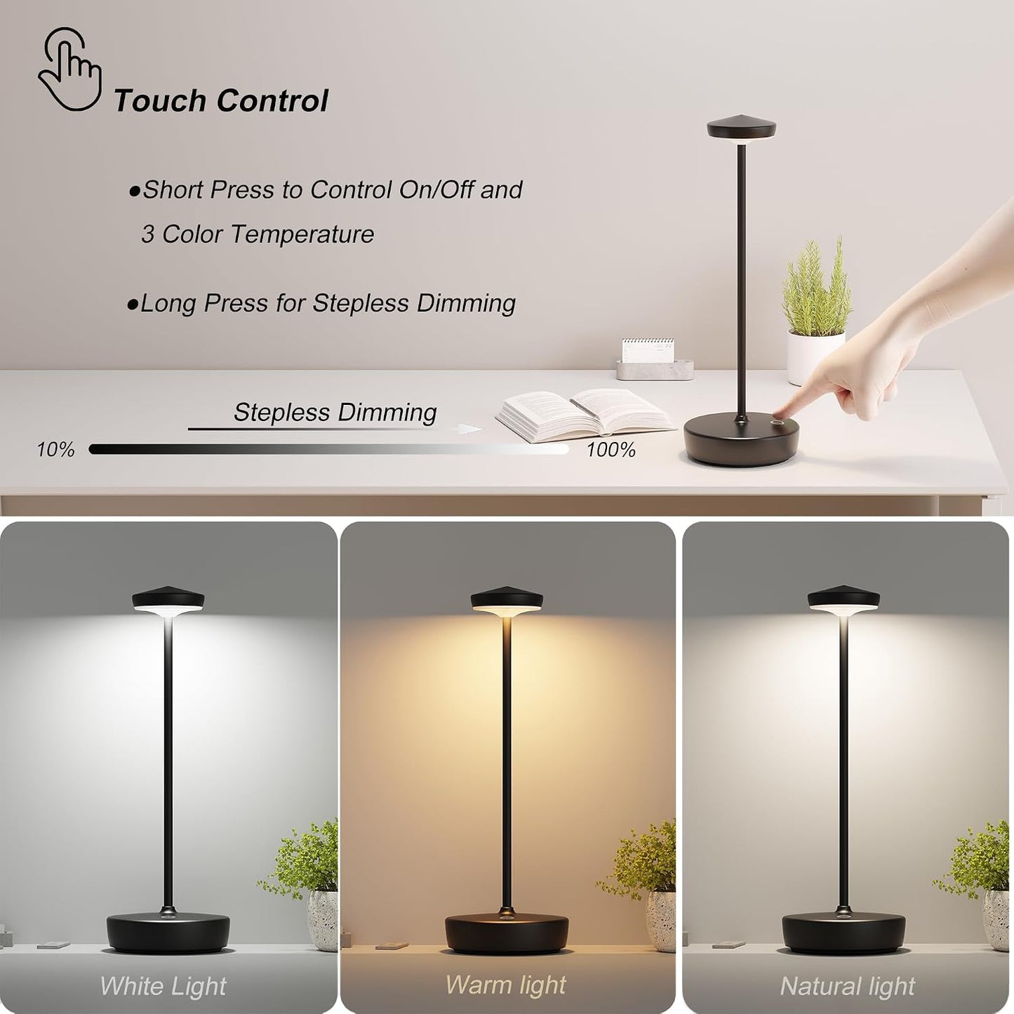 TBBGA Cordless Table Lamp Rechargeable 2 Pack, 5000mAh Battery Table Light | LED, 3 Color Temperatures, Stepless
