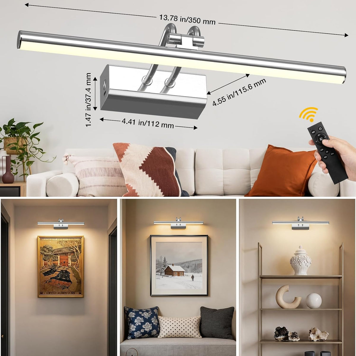 Picture Light for Wall, Platinum Silver, Battery Operated, Remote Control | 4000mAh Cordless,Wall Light, Magnetic for
