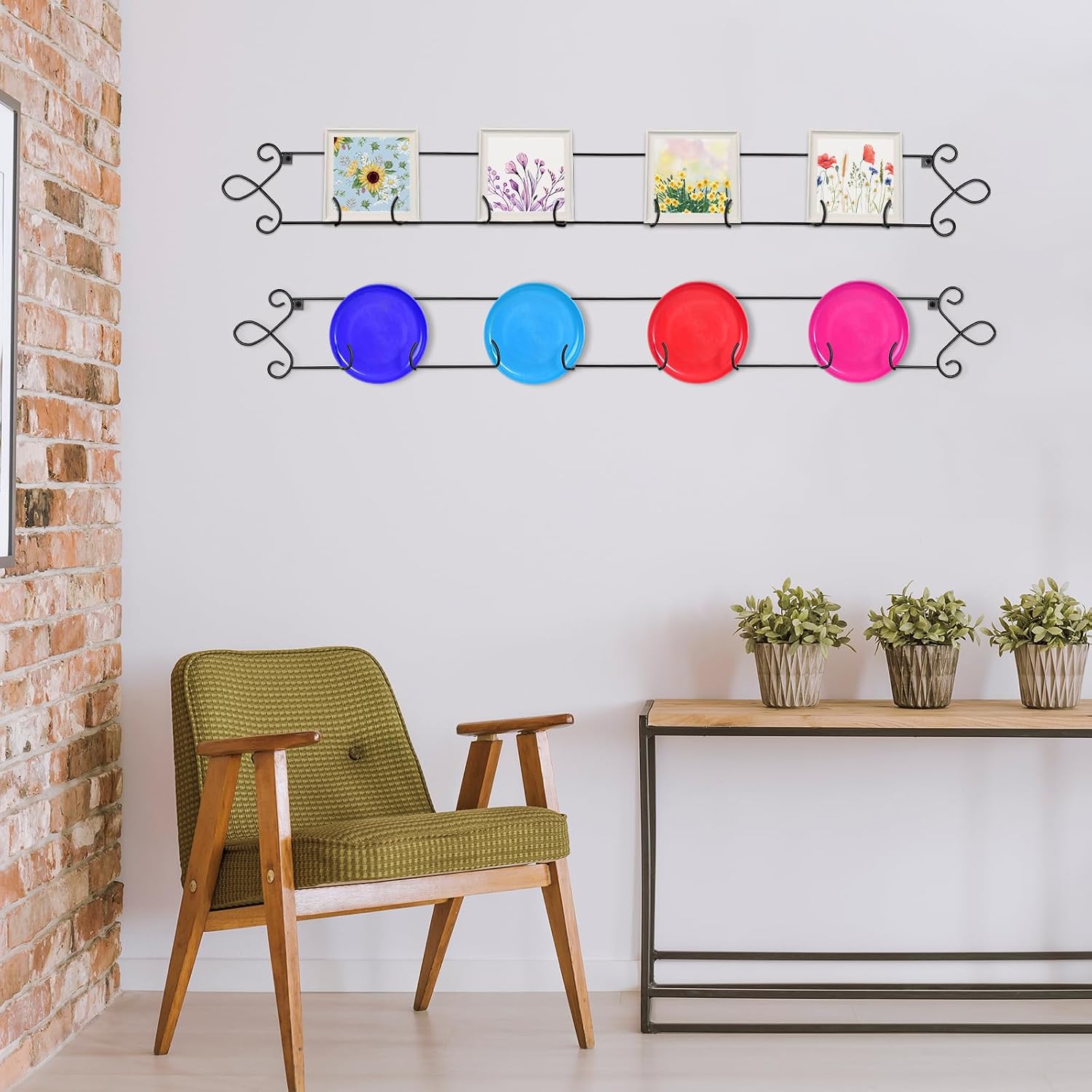 Yaocom 2 Pcs Horizontal Plate Rack Black Large Plate Hangers for the Wall Metal Decorative with 4 Non Adjustable