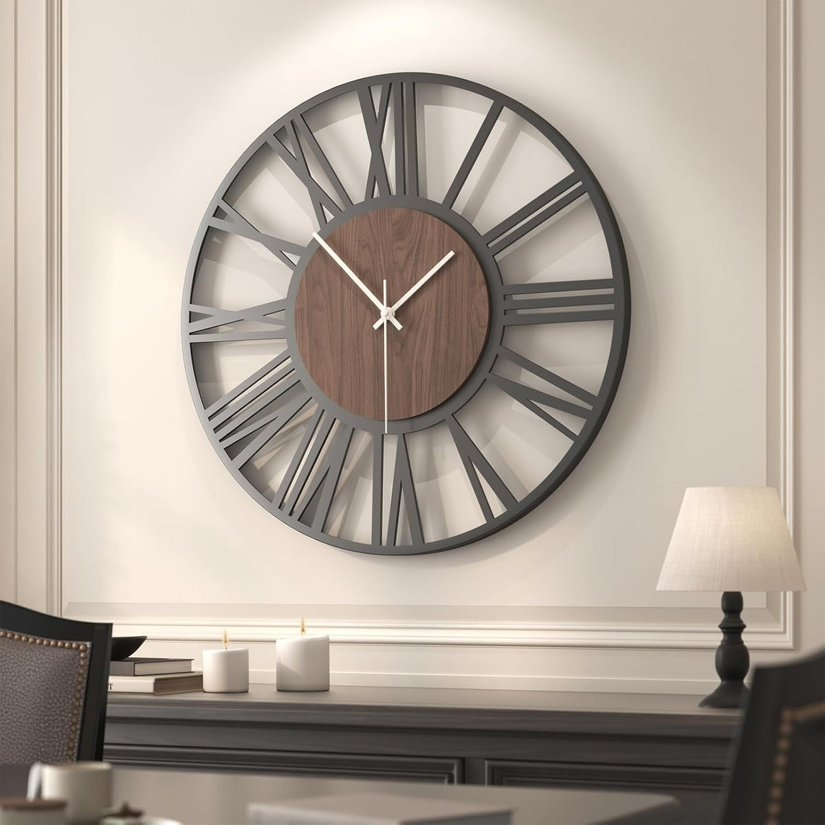 Cuspin 30 Inch Large Wall Clock Black Metal Frame with Walnut Wood Dial | Battery operated, Silent non ticking, Roman