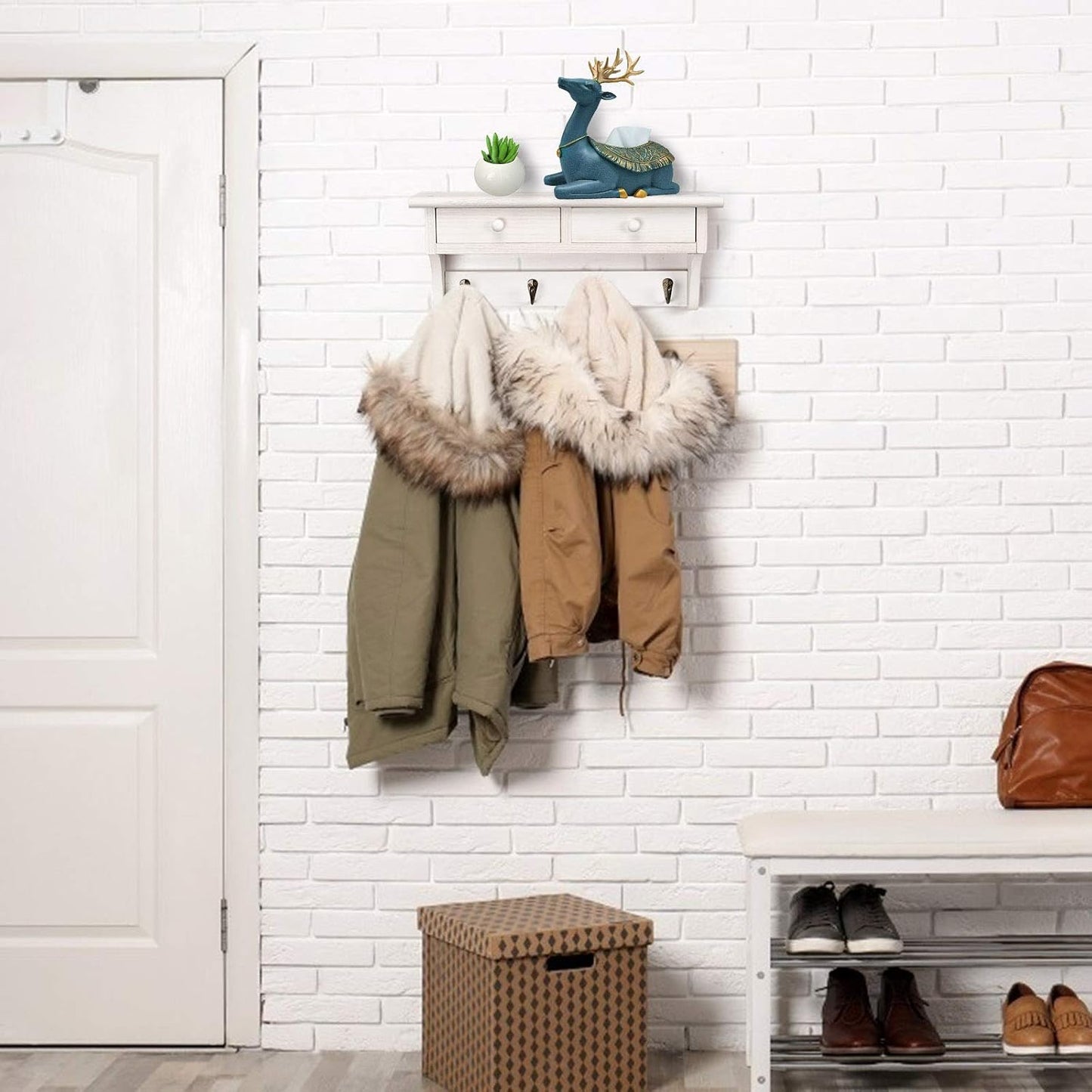 Emfogo Coat Hooks Wall Mounted, Rustic Wood Coat Rack Wall Mount Shelf with Hooks, Farmhouse Wall Coat Rack with Shelf
