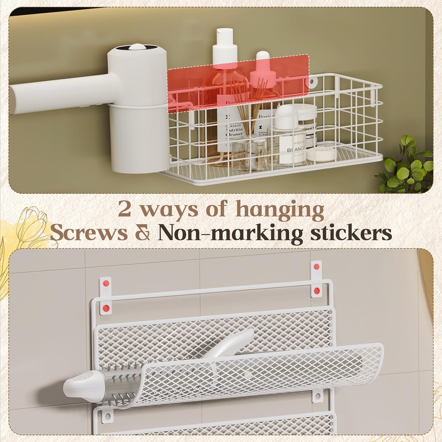 Wall-Mounted Hair Dryer Holder Styling Tool Organizer 4-Shelf Storage Wire Basket with Hook Heat Safe Rack for