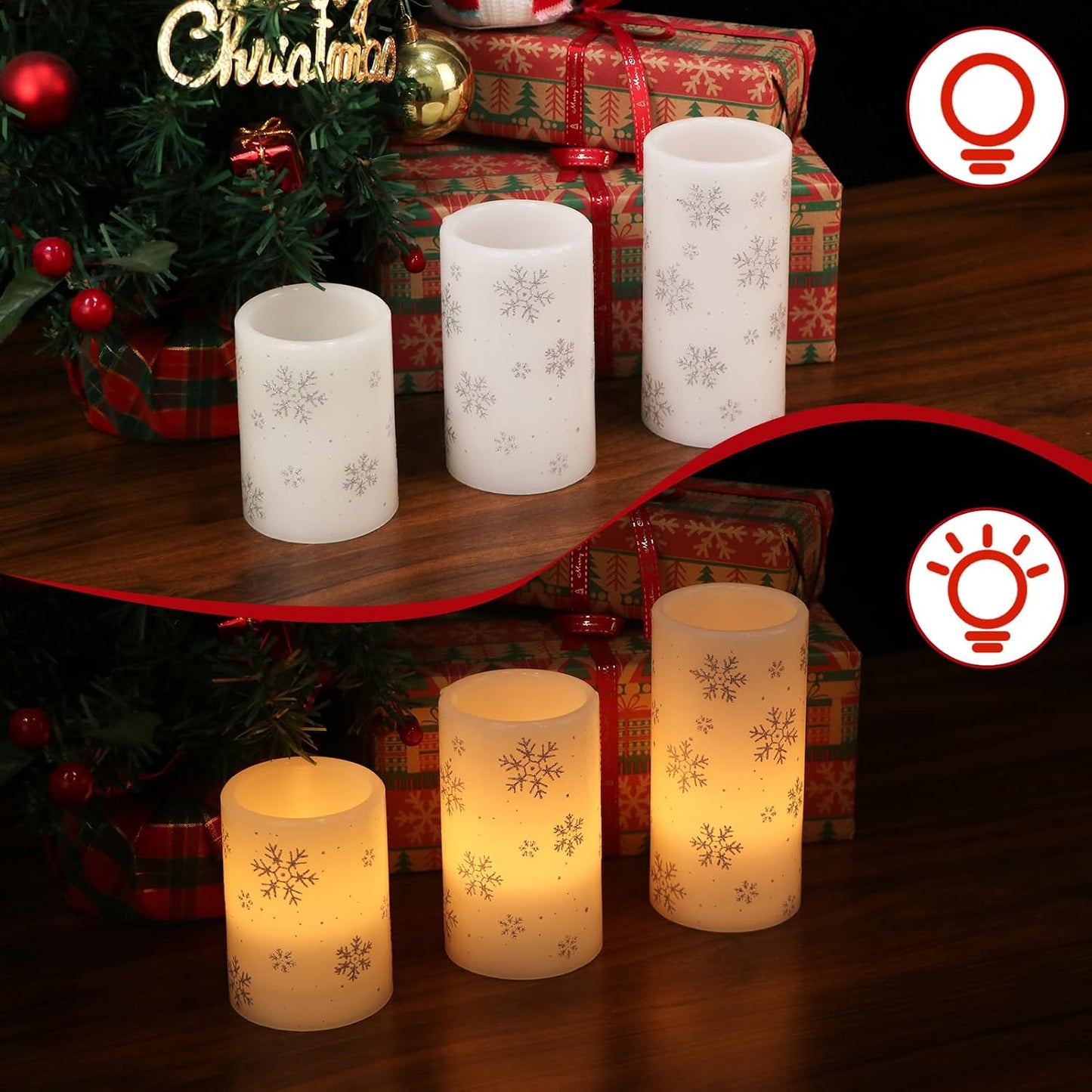 Silver Snowflake Flameless Candles Battery Operated with 6H Timer | LED Pillar Candles Flickering, Real Wax Warm Light