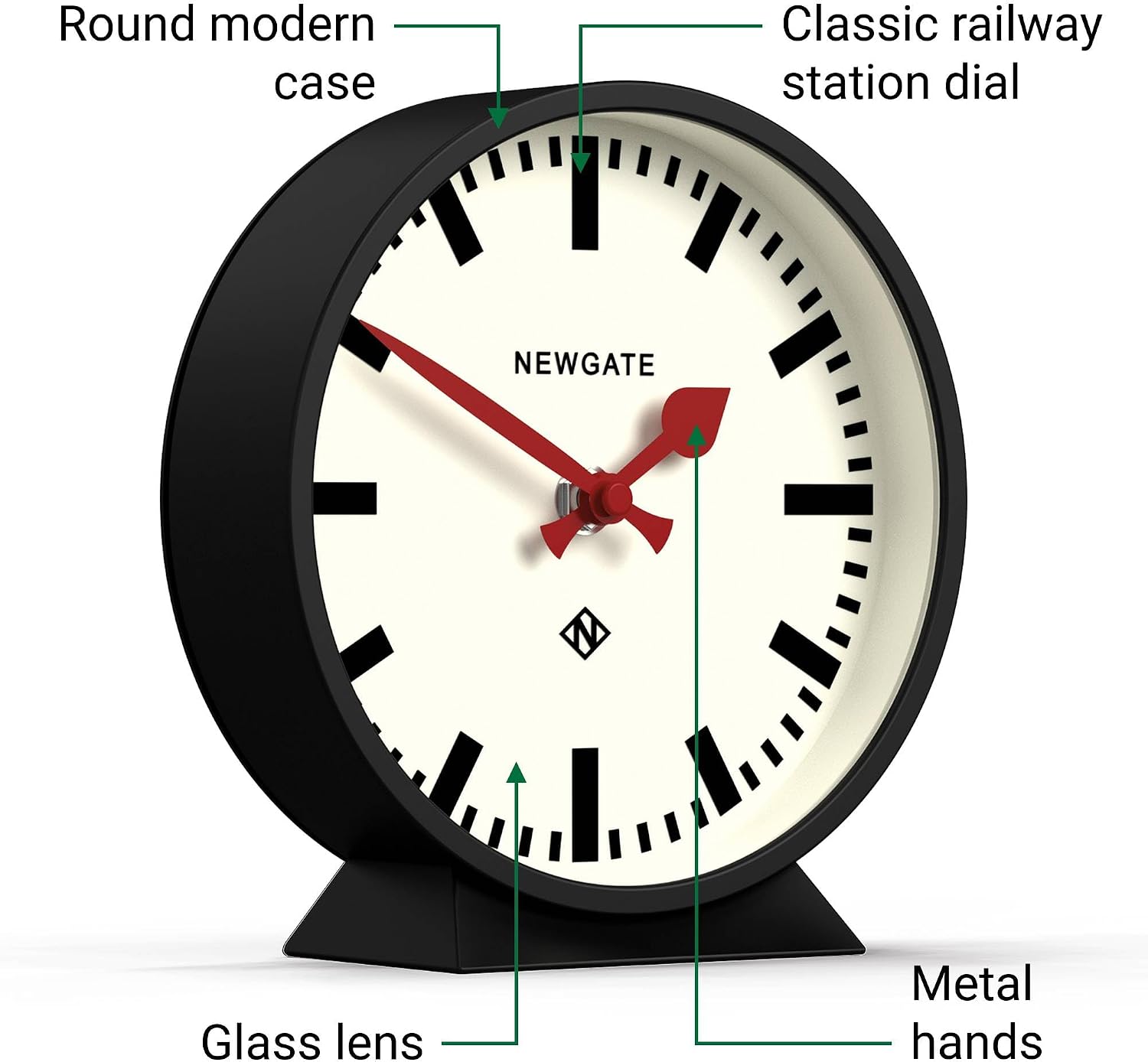 NEWGATE® M Mantel Railway Desk Clock | Modern Round Station Clock Design | Black | Contemporary Style for Desk, Table