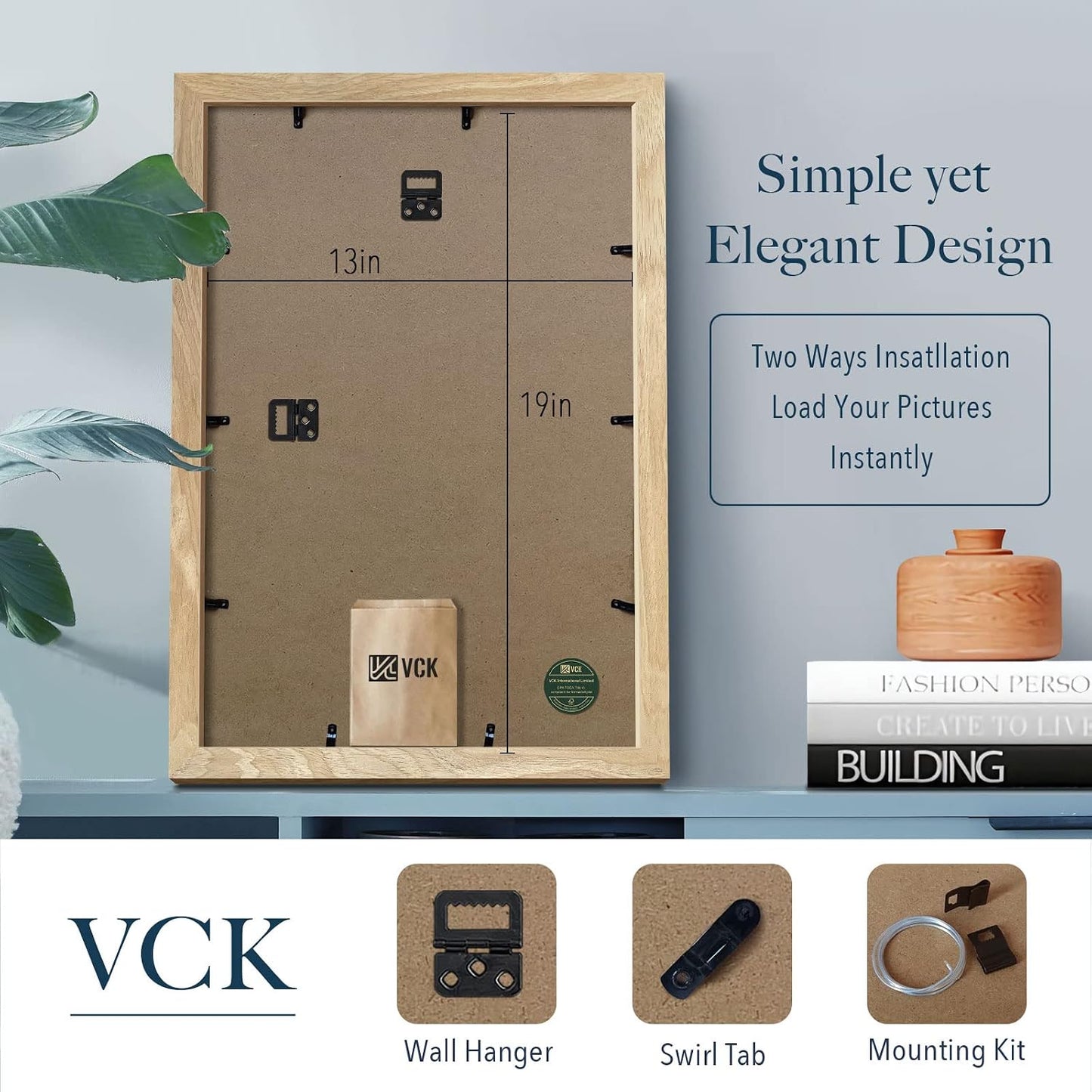 VCK 13x19 Picture Frame Set of 3, Natural Solid Wood, Wall Hanging | Wide Border, Light Woodgrain, Shatterproof