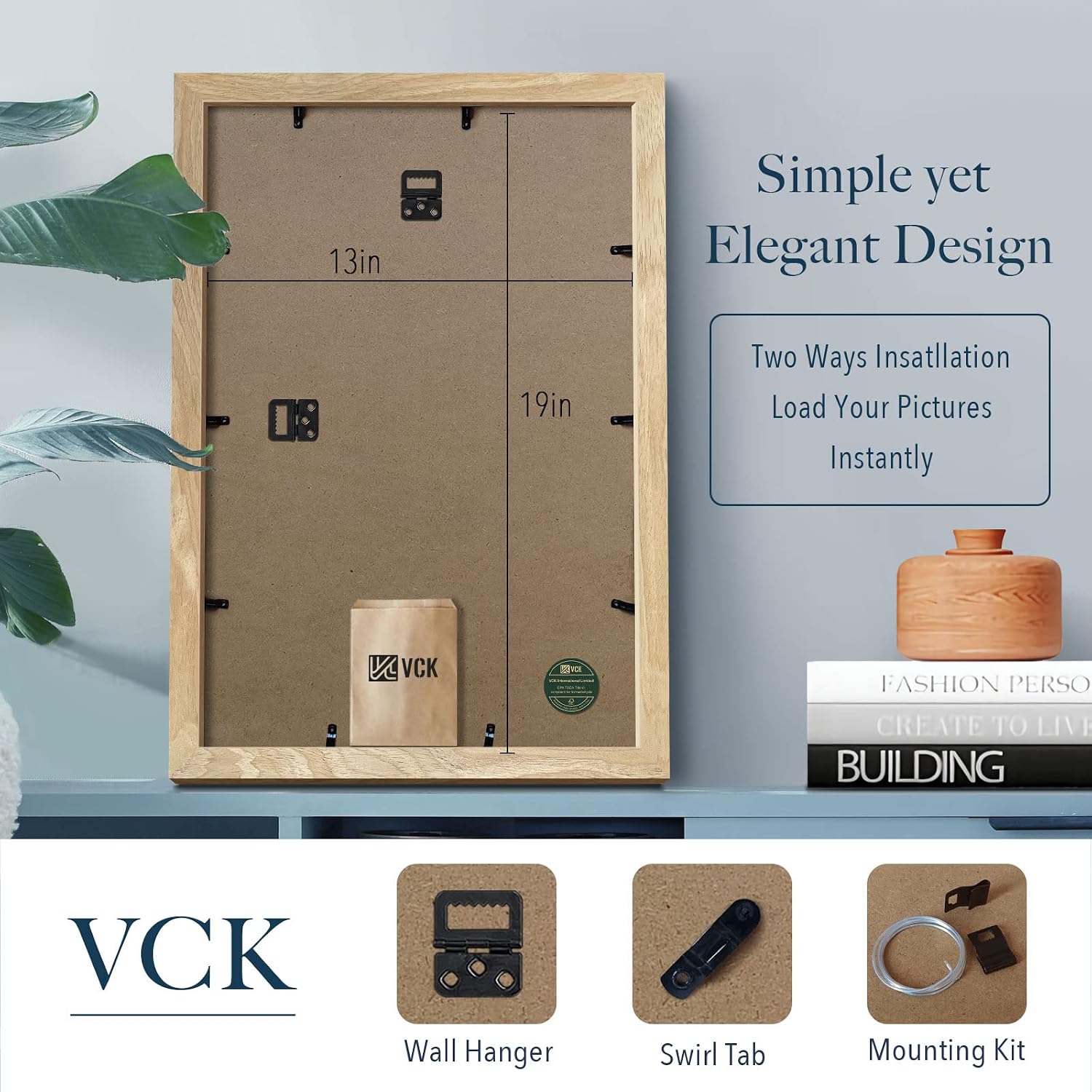 VCK 13x19 Picture Frame Set of 3, Natural Solid Wood, Wall Hanging | Wide Border, Light Woodgrain, Shatterproof