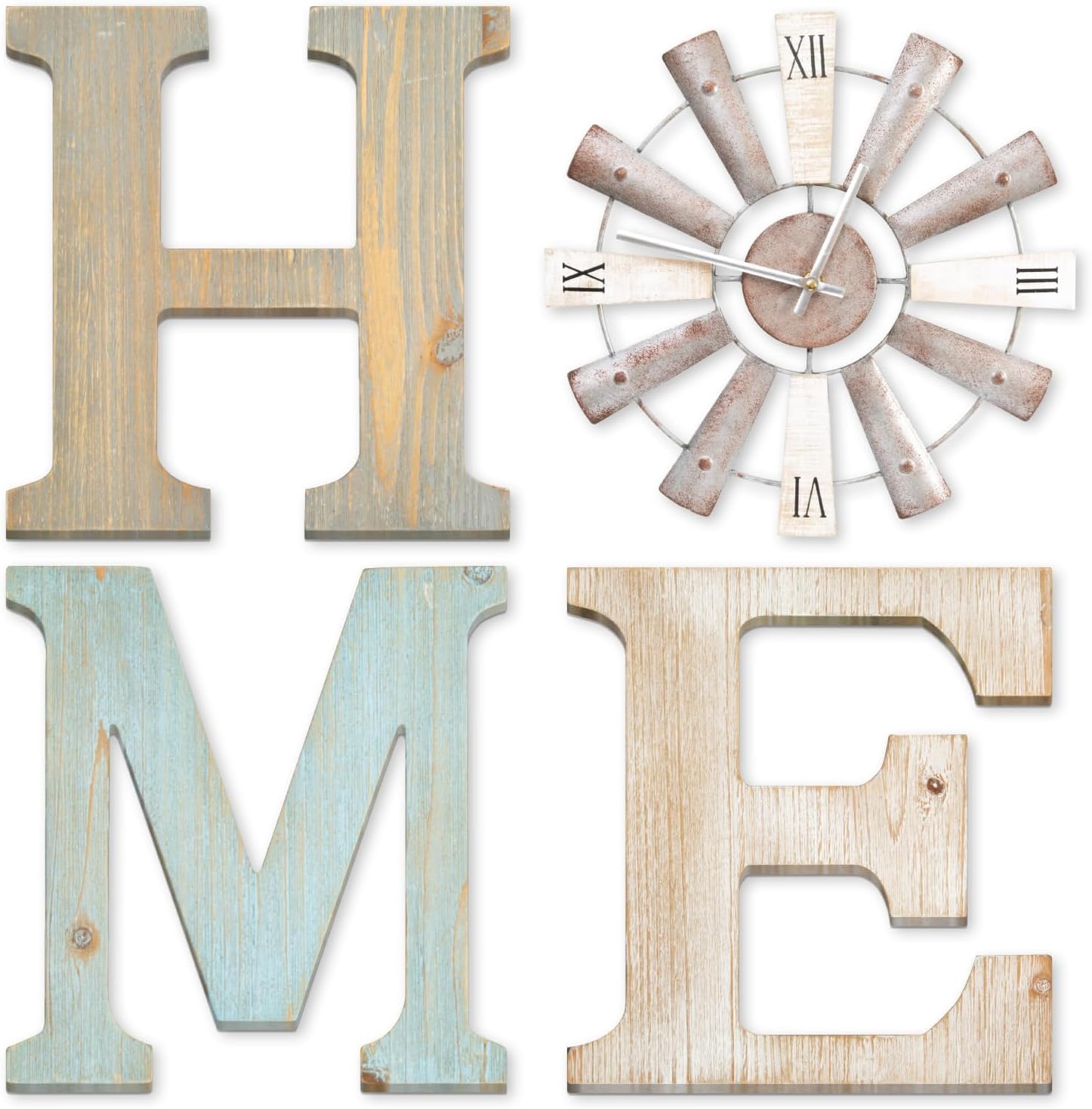ZAZIWZ Farmhouse Home Signs with Windmill Clock Wall Decor Rustic Home Letters Wall Art for Living Room Kitchen