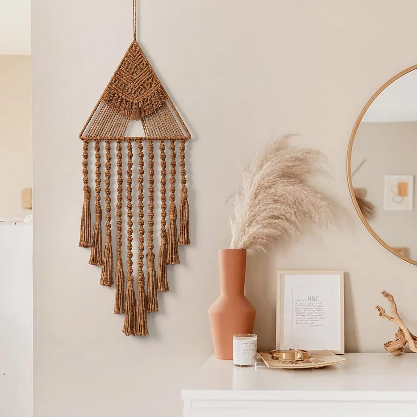 Macrame Woven Wall Hanging Dream Catcher Triangle Tassel Geometric Art Boho Backdrop / Brown