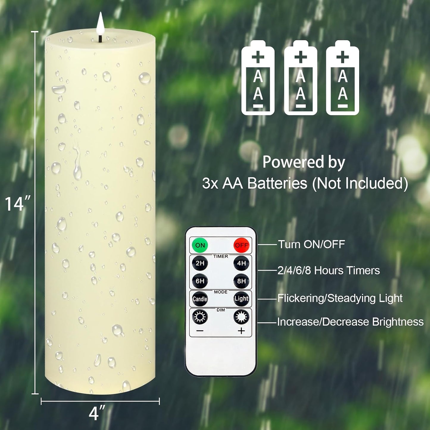 14" x 4" Large Outdoor Candles with Timer Waterproof, Remote Control Flickering Flameless Candles Battery Operated