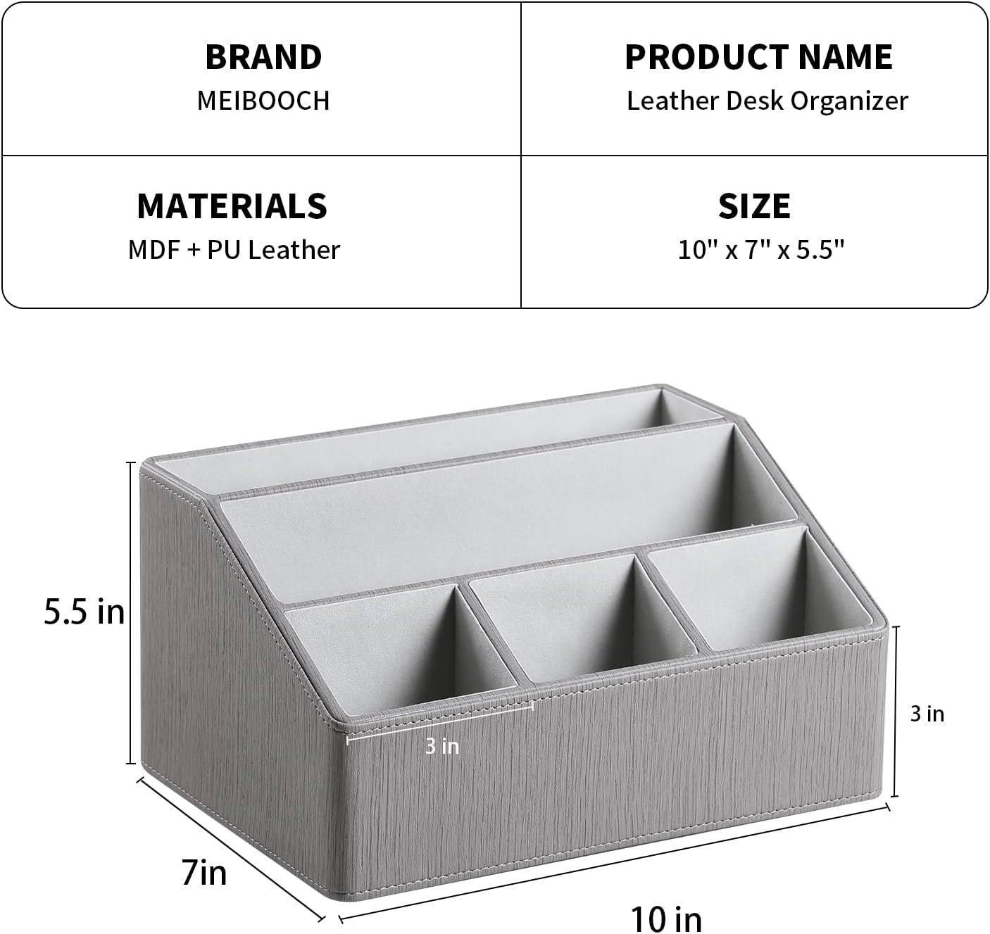 PU Leather Desk Organizer, Remote Control Holder, Grey | Luxury Nightstand Organizer for Home, Office Desk Accessories