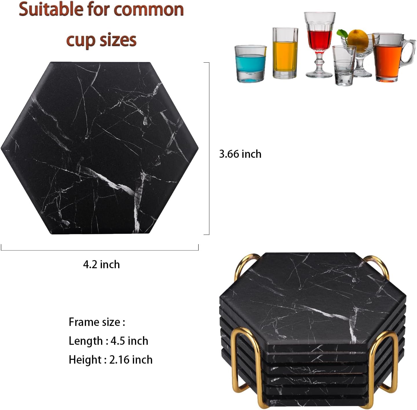 Gold Holder and Cork Base Decorative Tabletop / Black / Set of 6