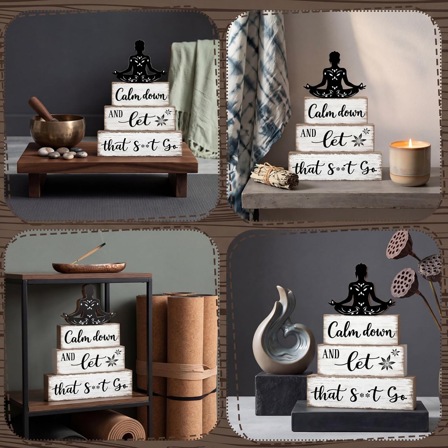 Funny Bathroom Shelf Decor Calm Down and Wooden Block Sign Rustic Farmhouse / Let That Go / Set of 4