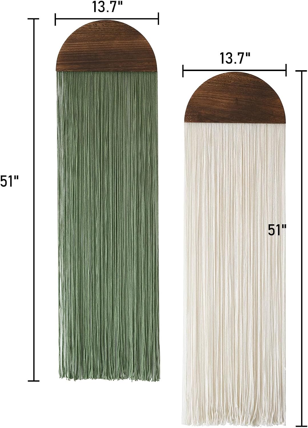 Macrame Wall Hanging Boho Decor Wall Tapestry Handmade Round Tassel / Ivory and Green / Set of 2