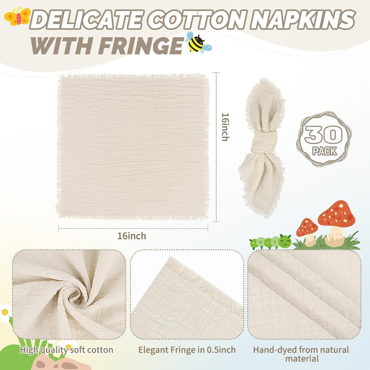 Showgeous 30 Pack Natural Cloth Napkins with Fringe, 16x16 inch 100% Cotton | Cloth Napkins Handmade Dinner Napkins