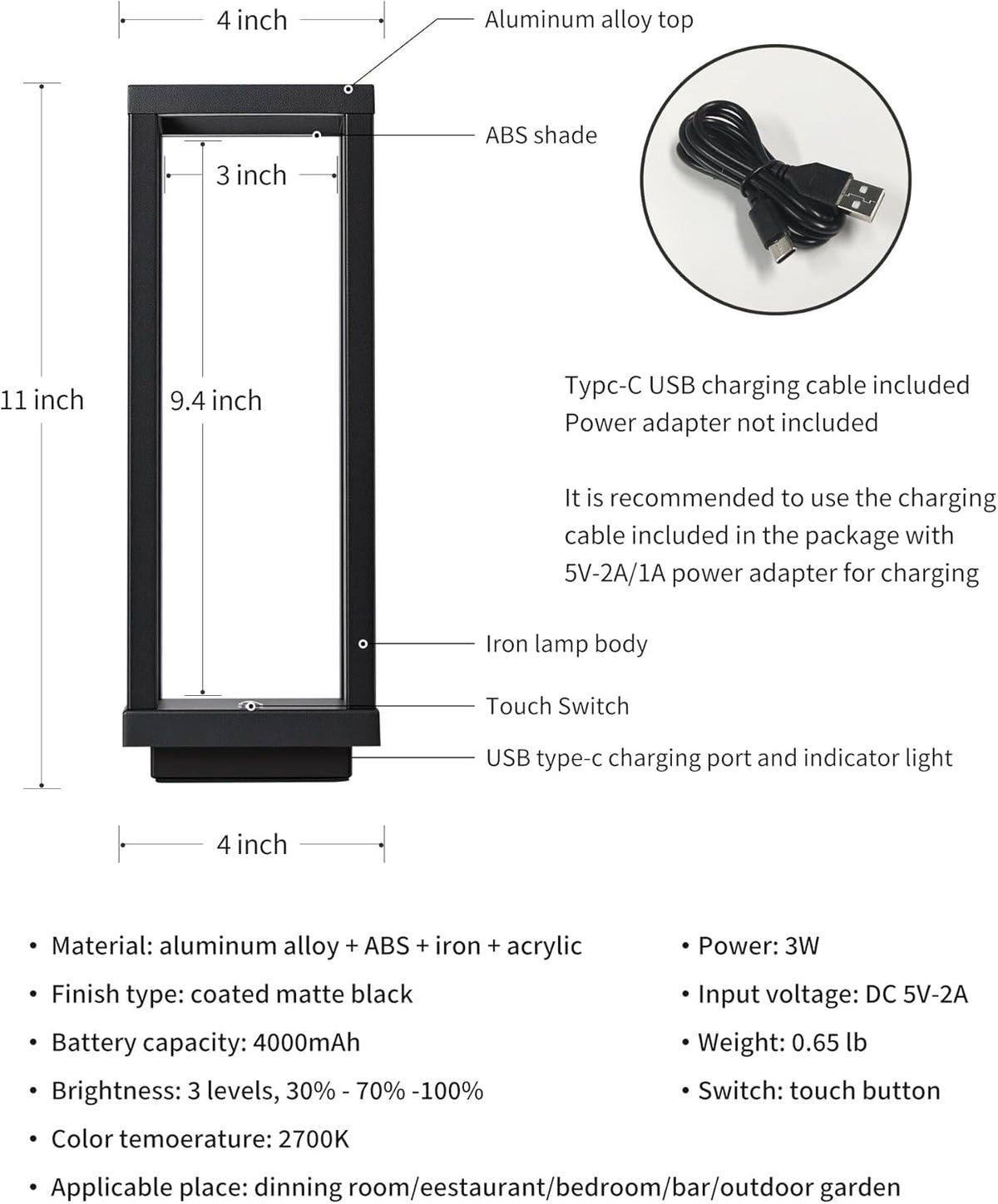PUSU Cordless Waterproof Table Lamps Set of 2, Black LED Outdoor Desk Lamp | Rechargeable 4000mAh Battery Operated