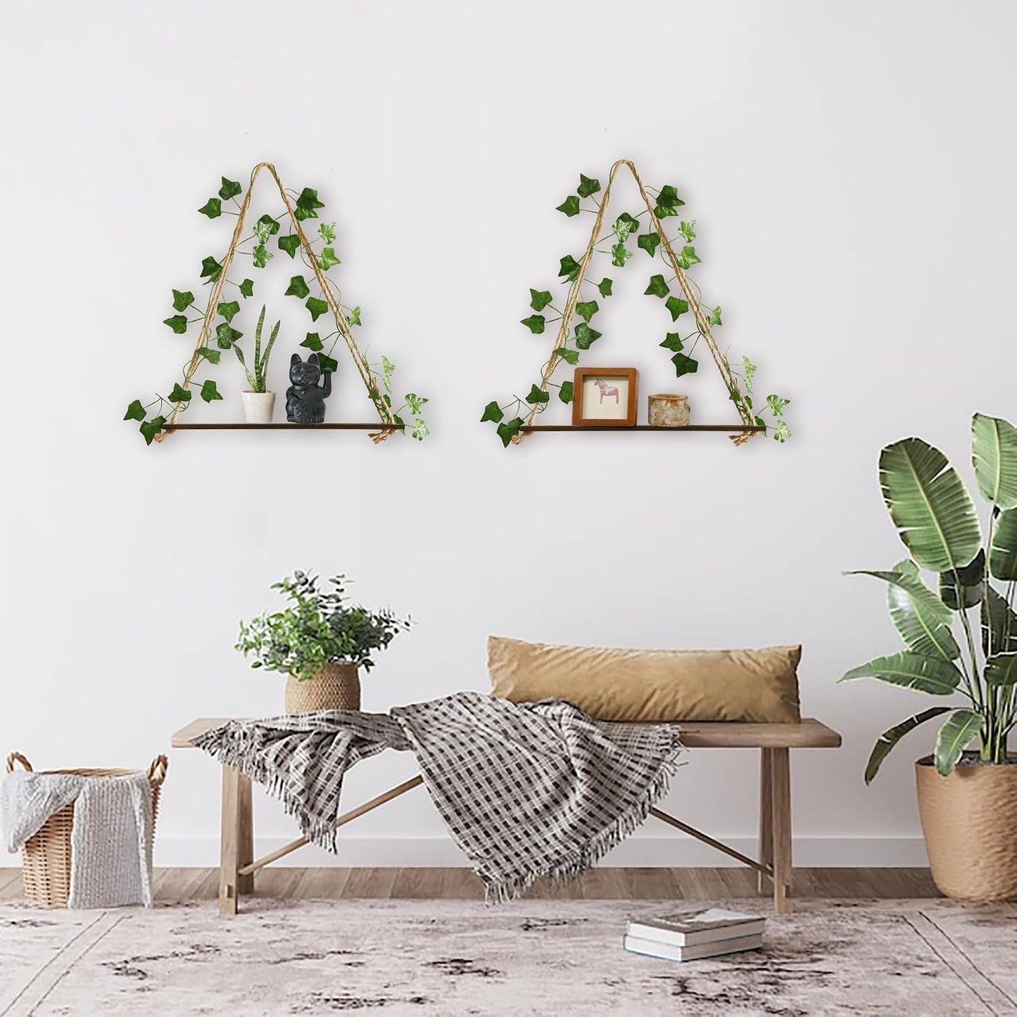 Artificial Ivy Wall Hanging Shelves Boho Floating Shelves Wall / Brown Artificial Ivy / Set of 2
