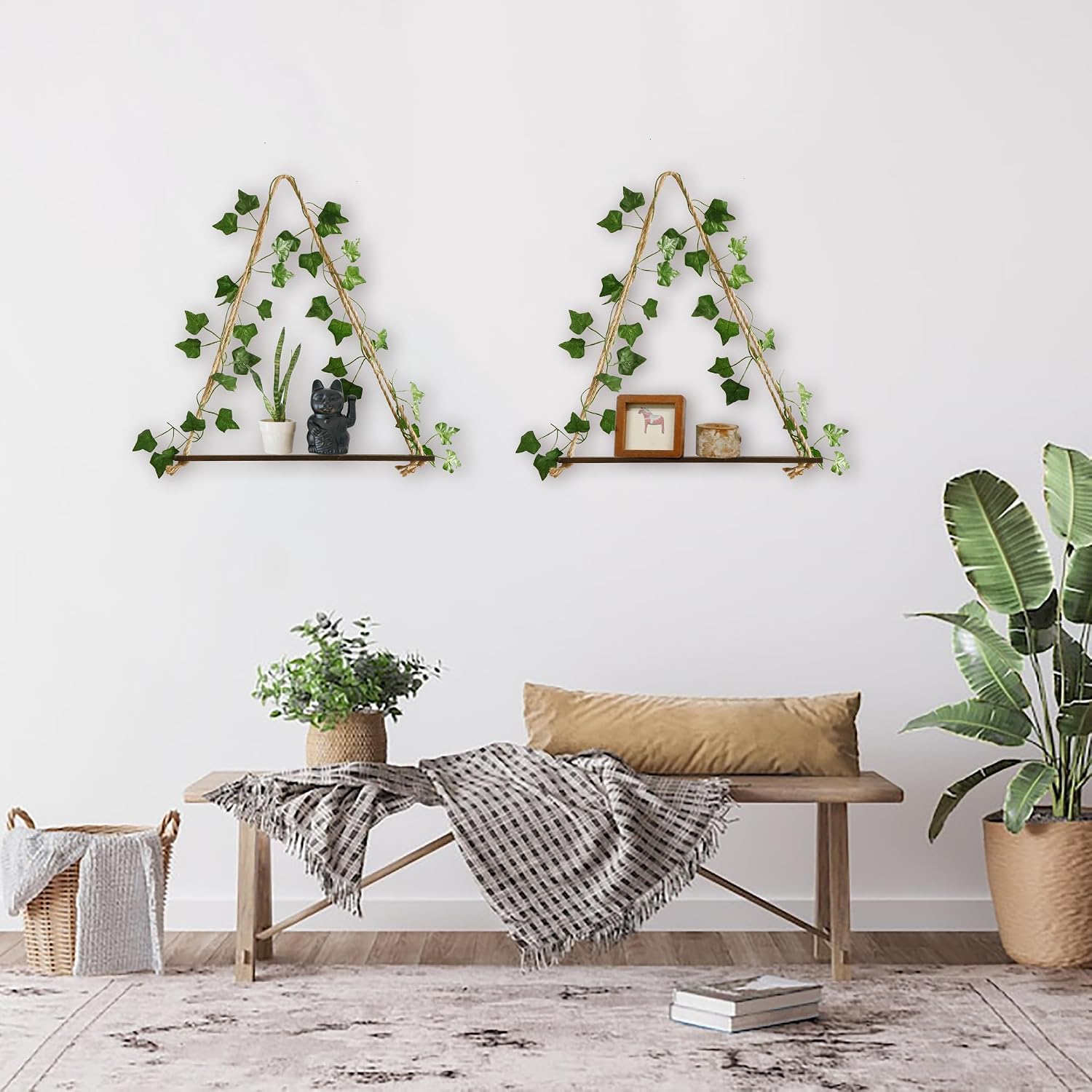 Artificial Ivy Wall Hanging Shelves Boho Floating Shelves Wall / Brown Artificial Ivy / Set of 2